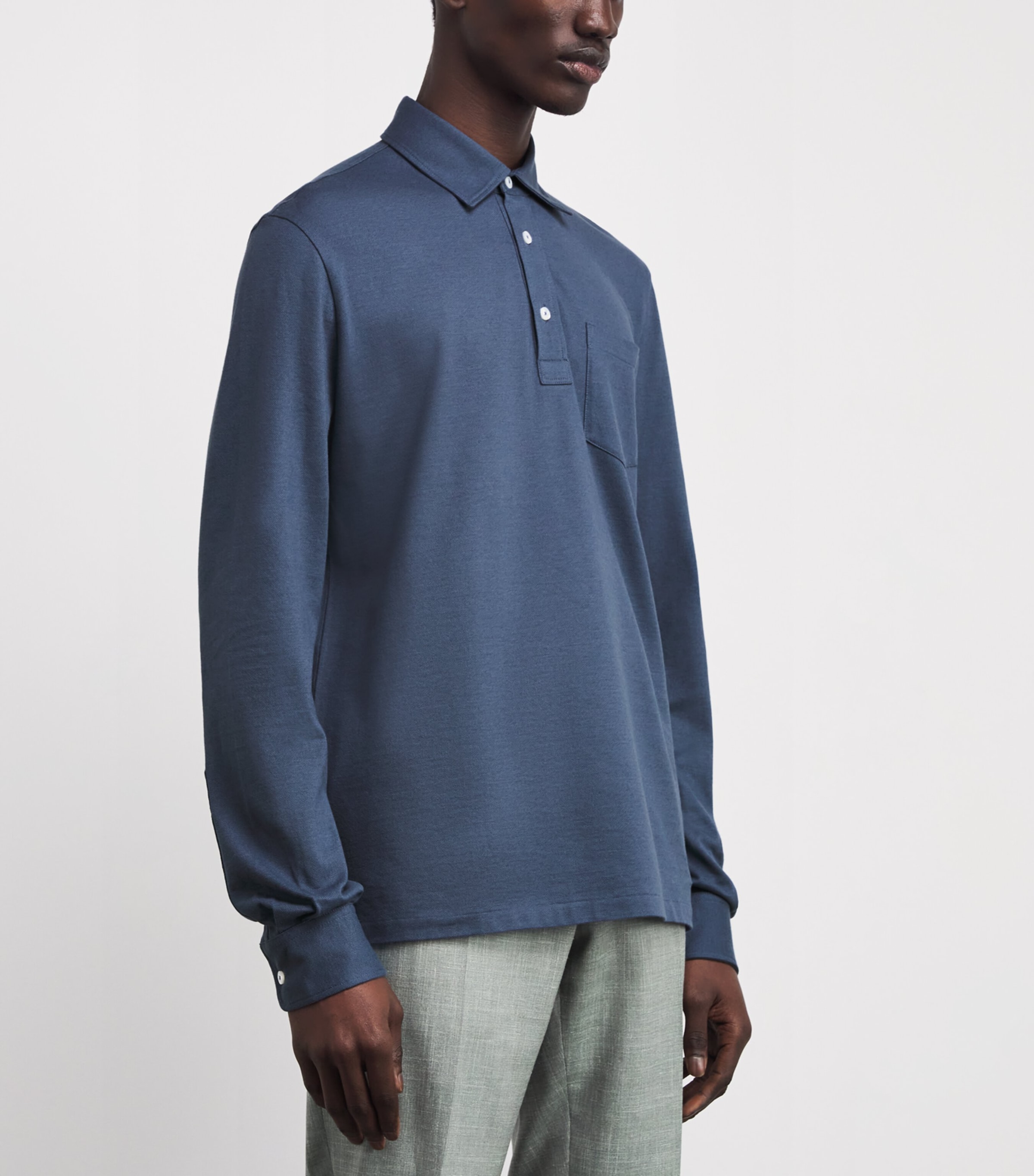 Cotton-Cashmere Long-Sleeve Polo Shirt BLUE Image 3
