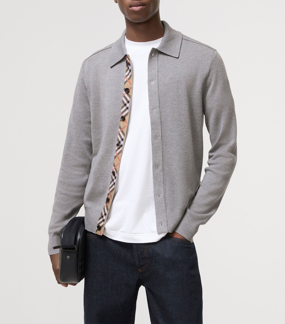 Burberry Mens Wool Check-Trim Cardigan Grey Image 2