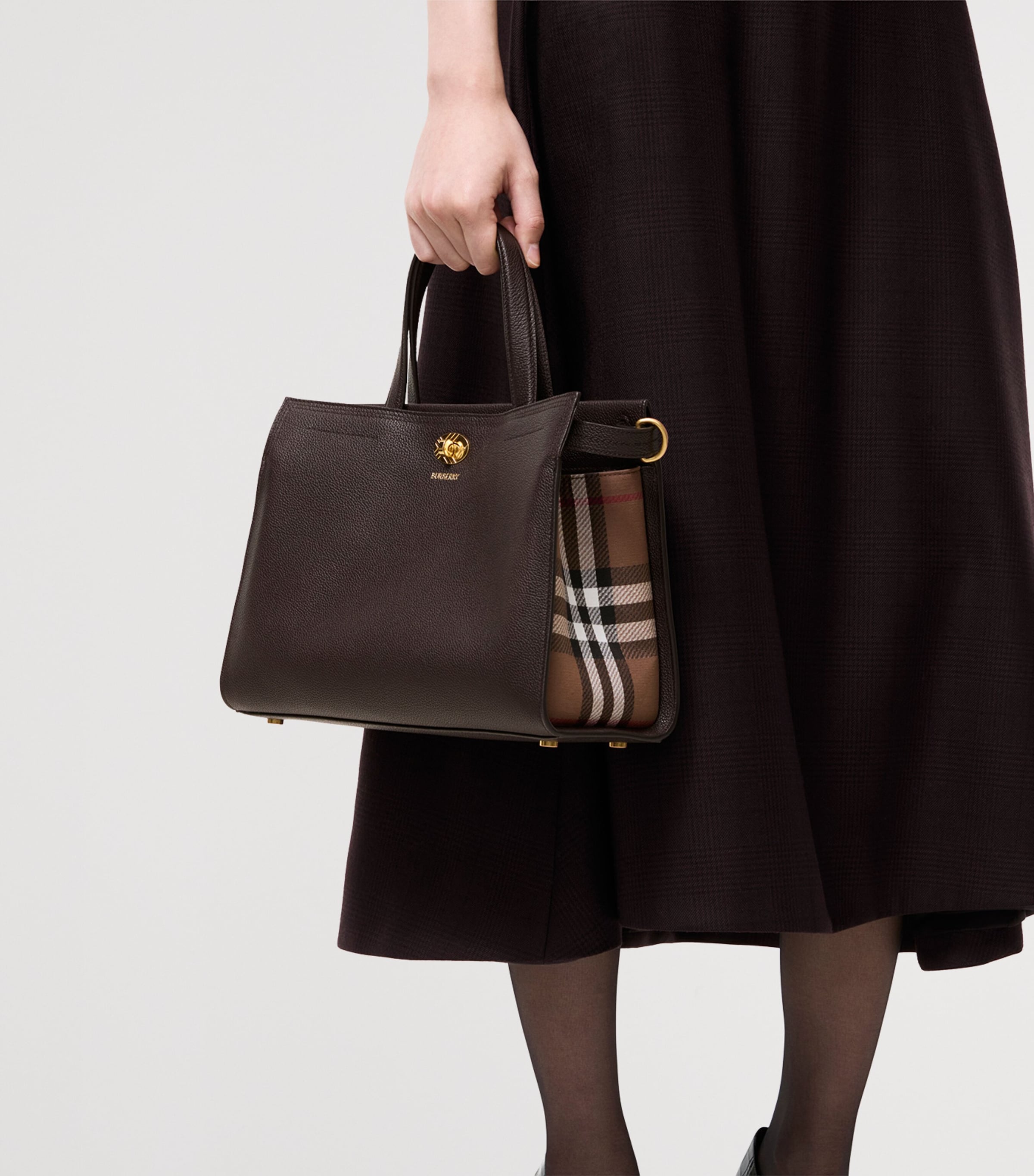 Burberry Small Leather Cotswolds Check Tote Bag Chocolate Brown Image 3