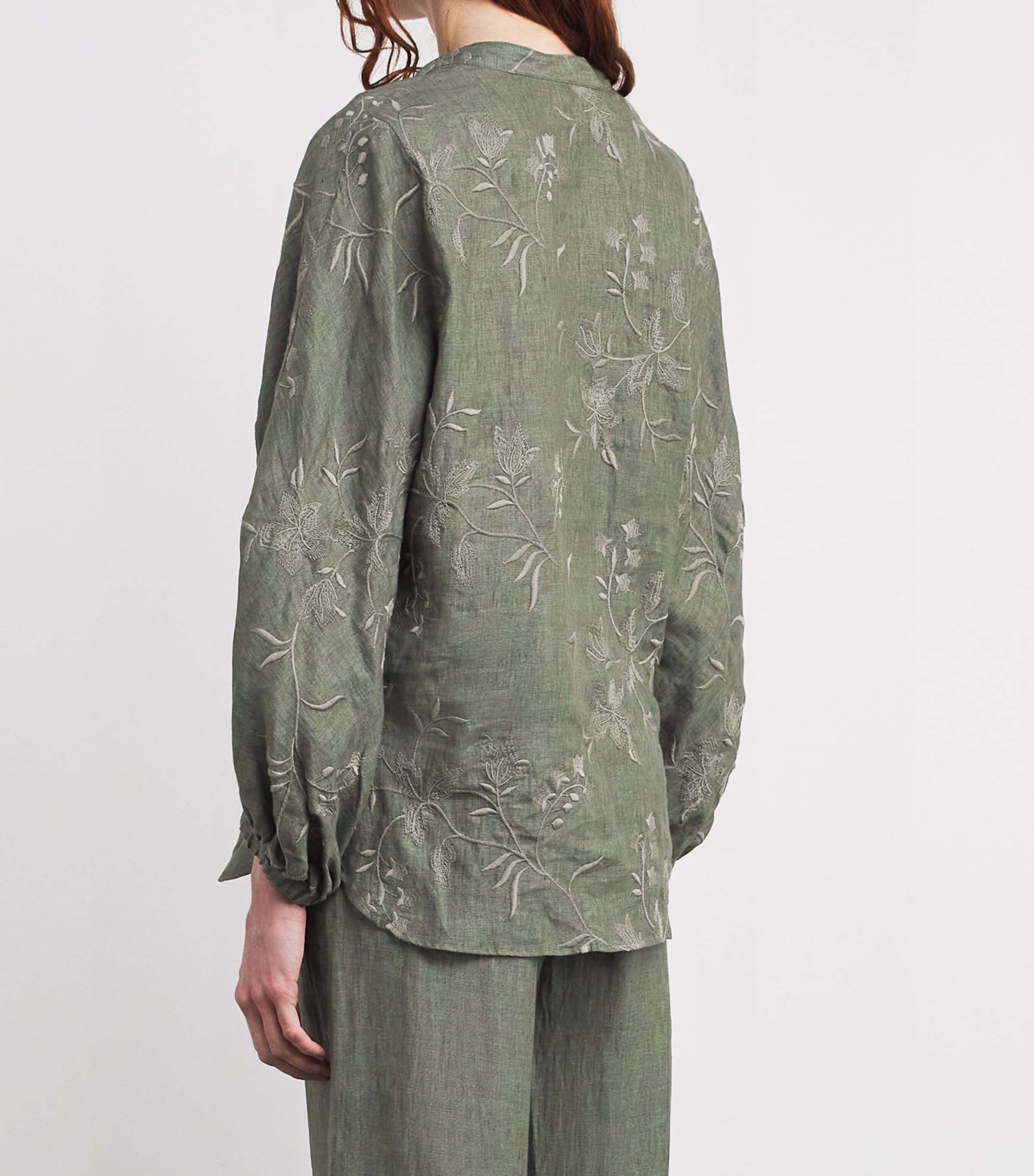 Eleventy Womens x Harrods Linen Floral-Embroidered Blouse Military Green Image 4