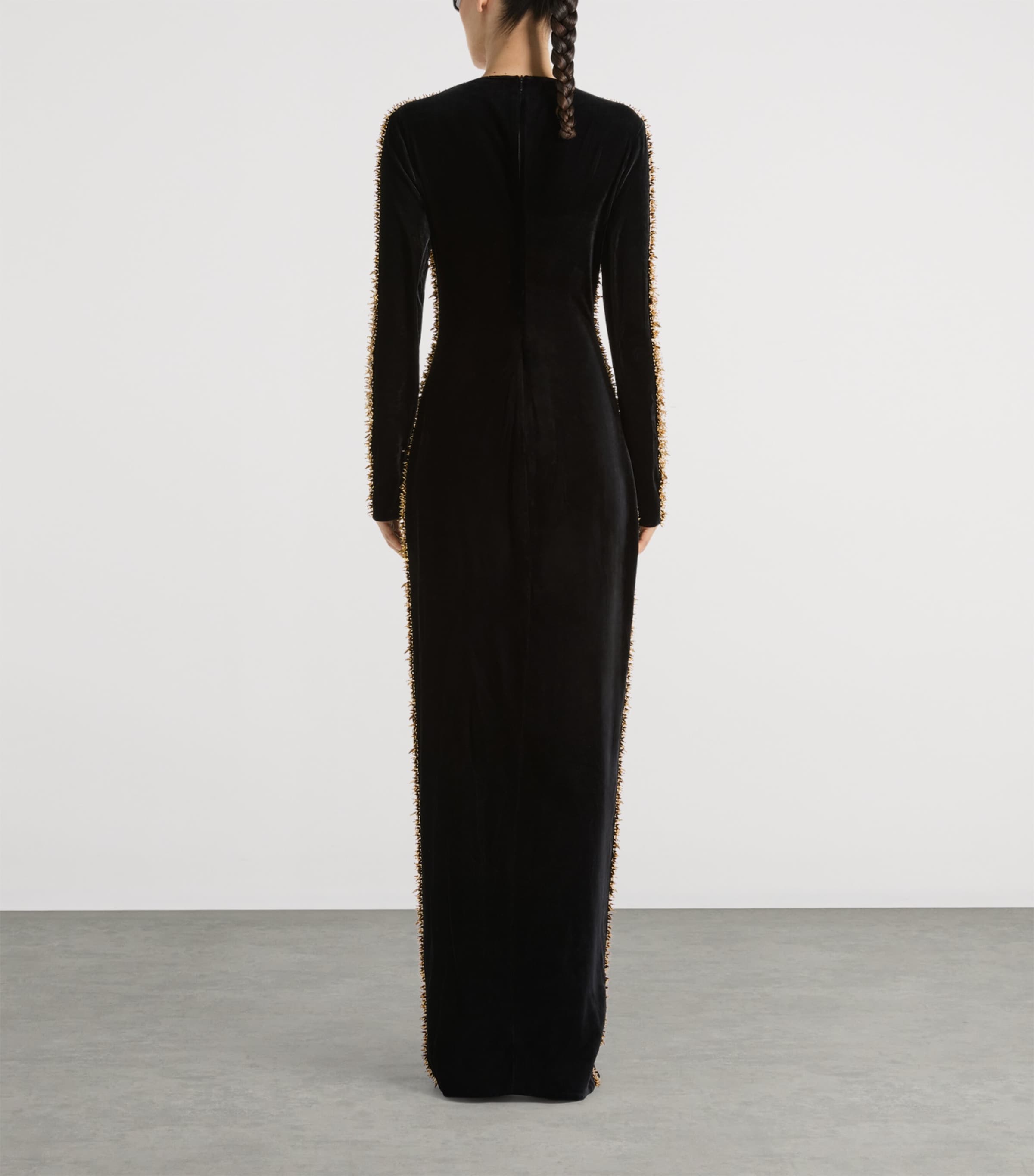 Balmain Womens Velvet Beaded-Trim Maxi Dress Ead Noir Or Image 5