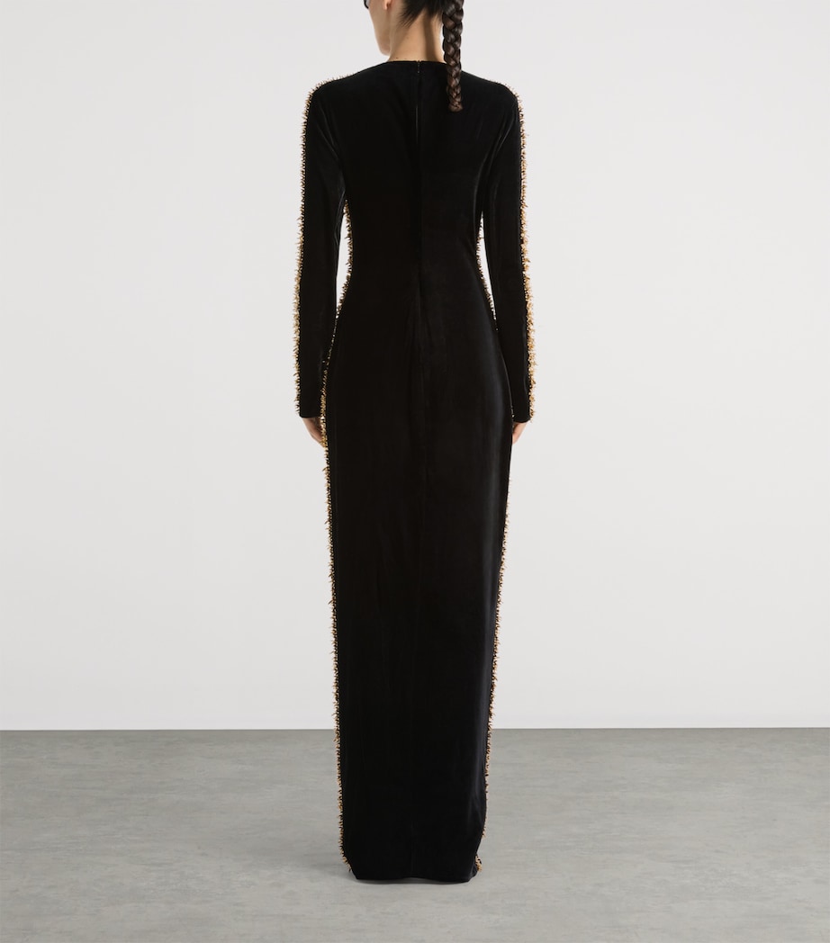 Balmain Womens Velvet Beaded-Trim Maxi Dress Ead Noir Or Image 5
