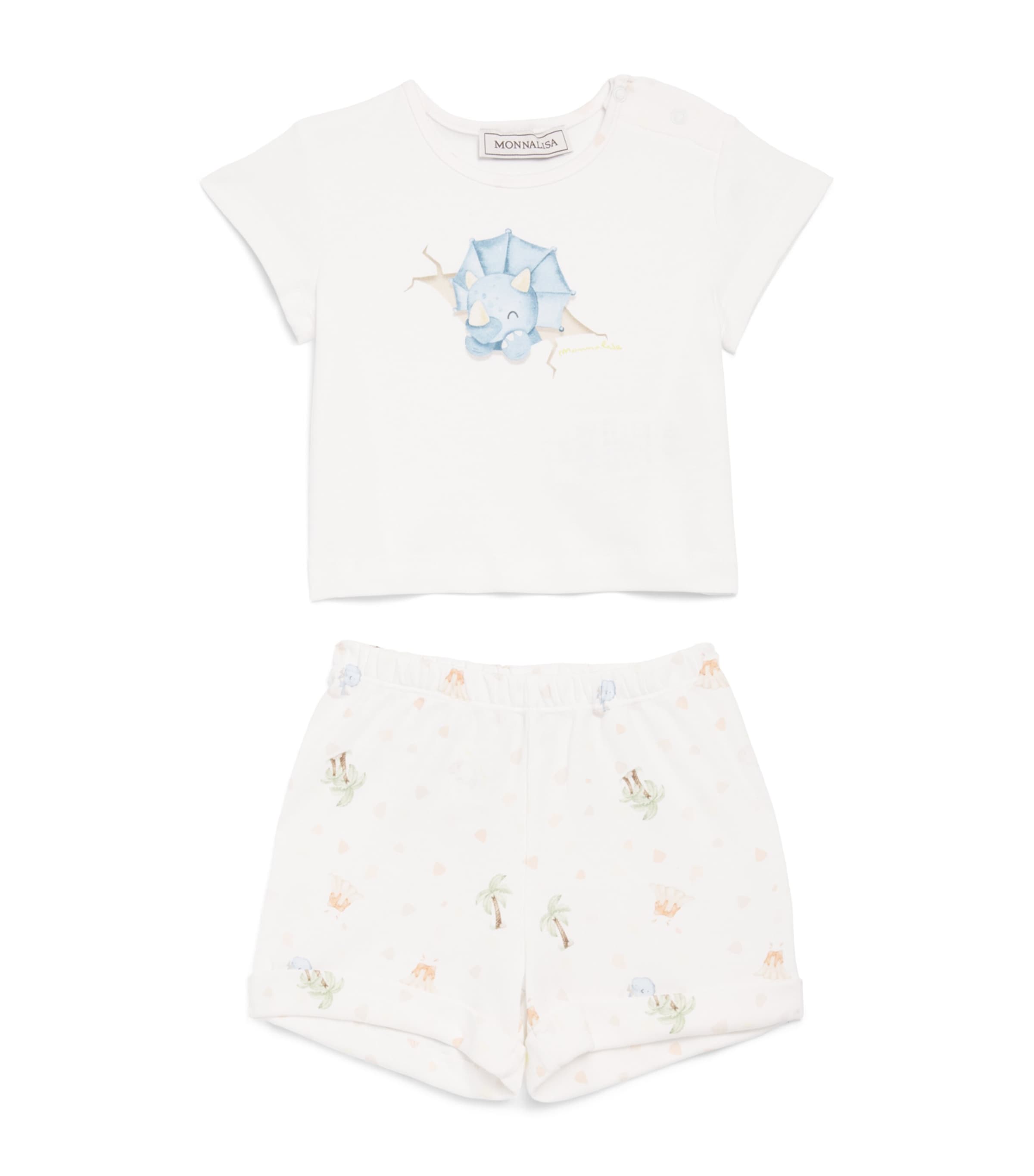 Monnalisa Cotton Dinosaur T-Shirt and Shorts Set (1-9 Months) White+lemonade Image 1