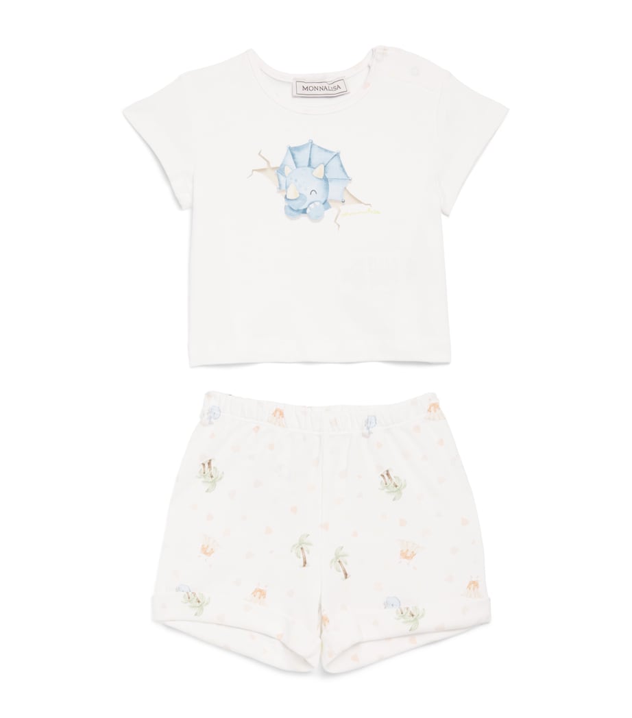 Monnalisa Cotton Dinosaur T-Shirt and Shorts Set (1-9 Months) White+lemonade Image 1