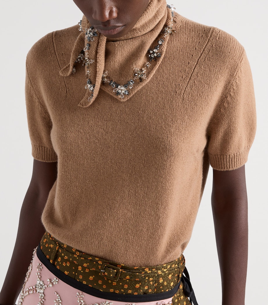 Prada Womens Cashmere Embellished Scarf-Detail Sweater Brown Image 3