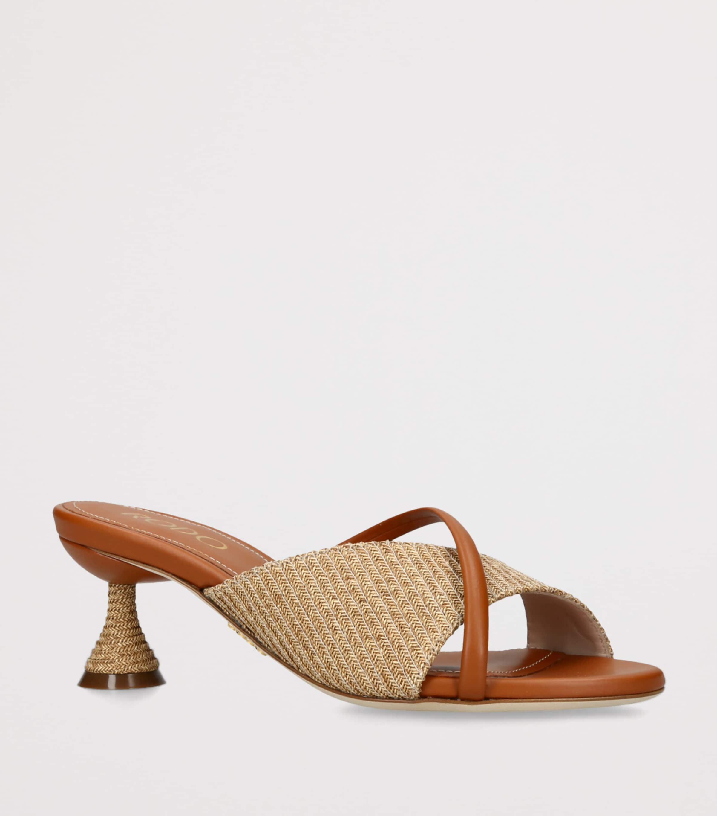Rodo Leather-Woven Mabella Heeled Mules 55 Beige Comb Image 3