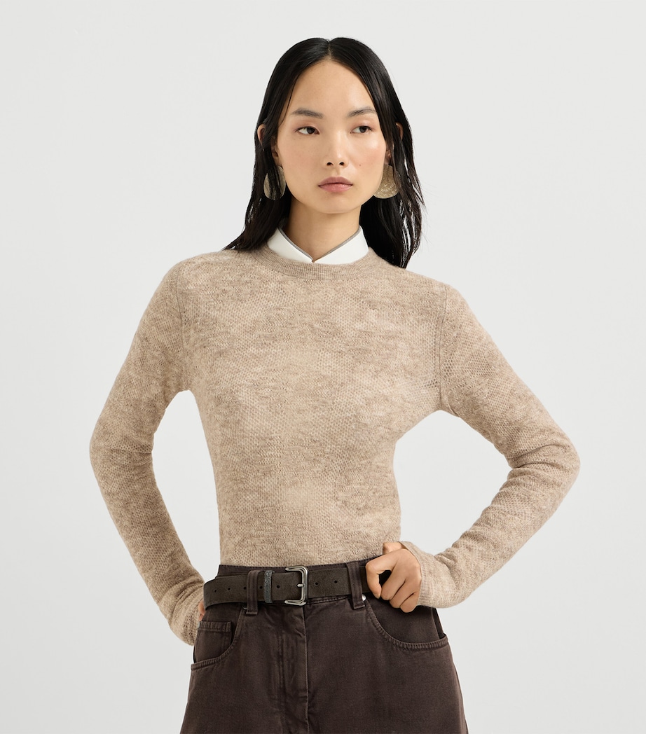 Brunello Cucinelli Womens Silk-Alpaca-Wool Lace-Detail Sweater Brown Image 4