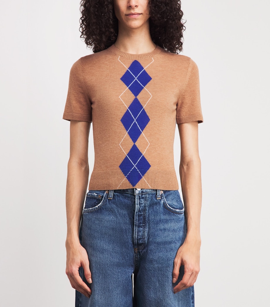ME+EM Womens Wool-Cashmere Argyle T-Shirt Camel/deep Blue Image 4
