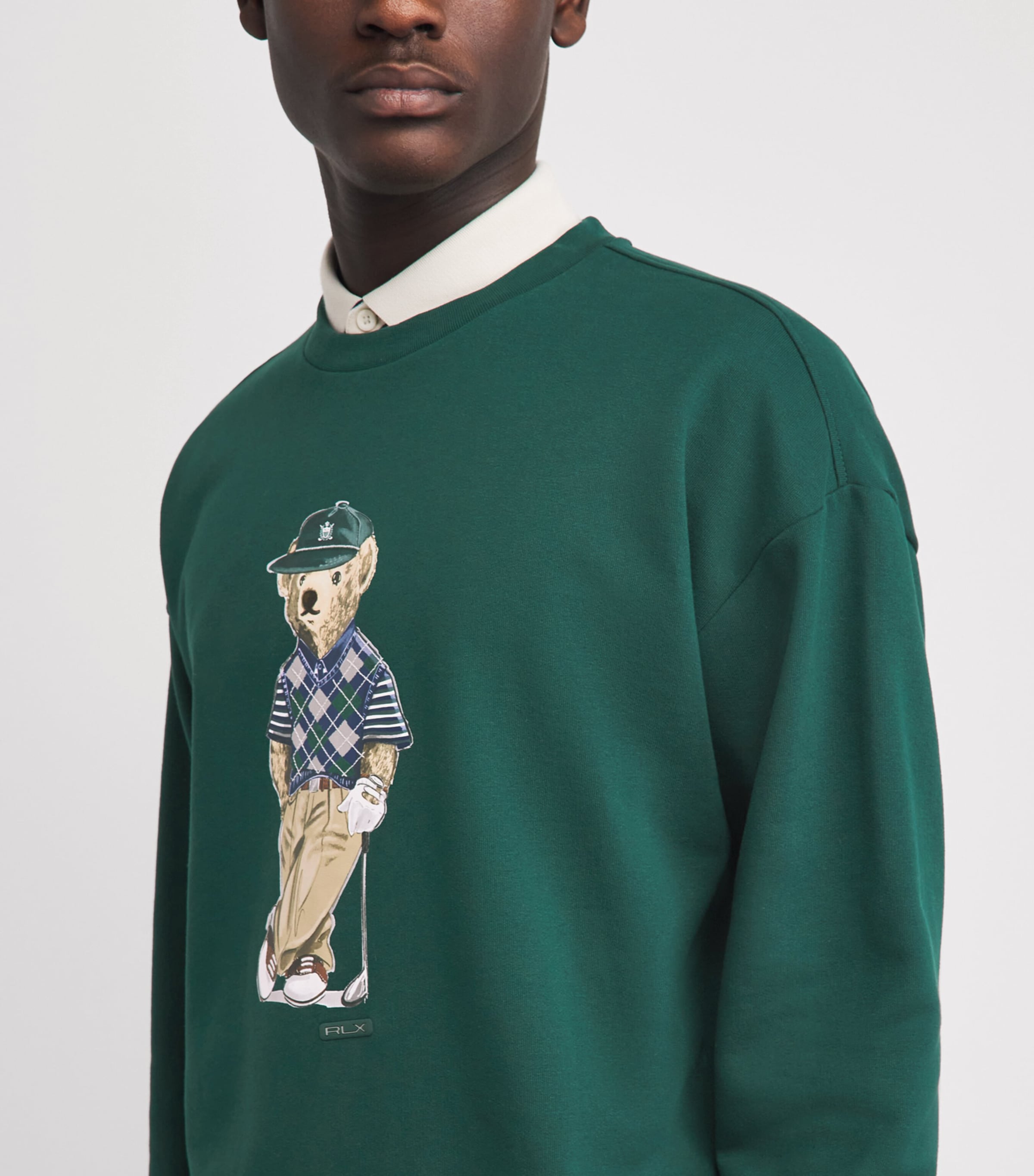 RLX Ralph Lauren Mens Cotton-Blend Relaxed Fit Polo Bear Sweatshirt Moss Agate Image 3