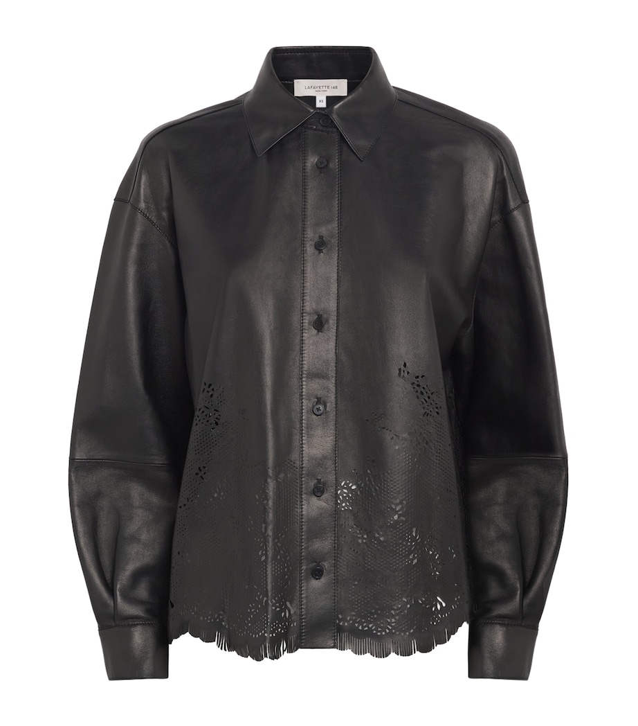 Lafayette 148 Womens Lambskin Laser-Cut Shirt Black Image 1