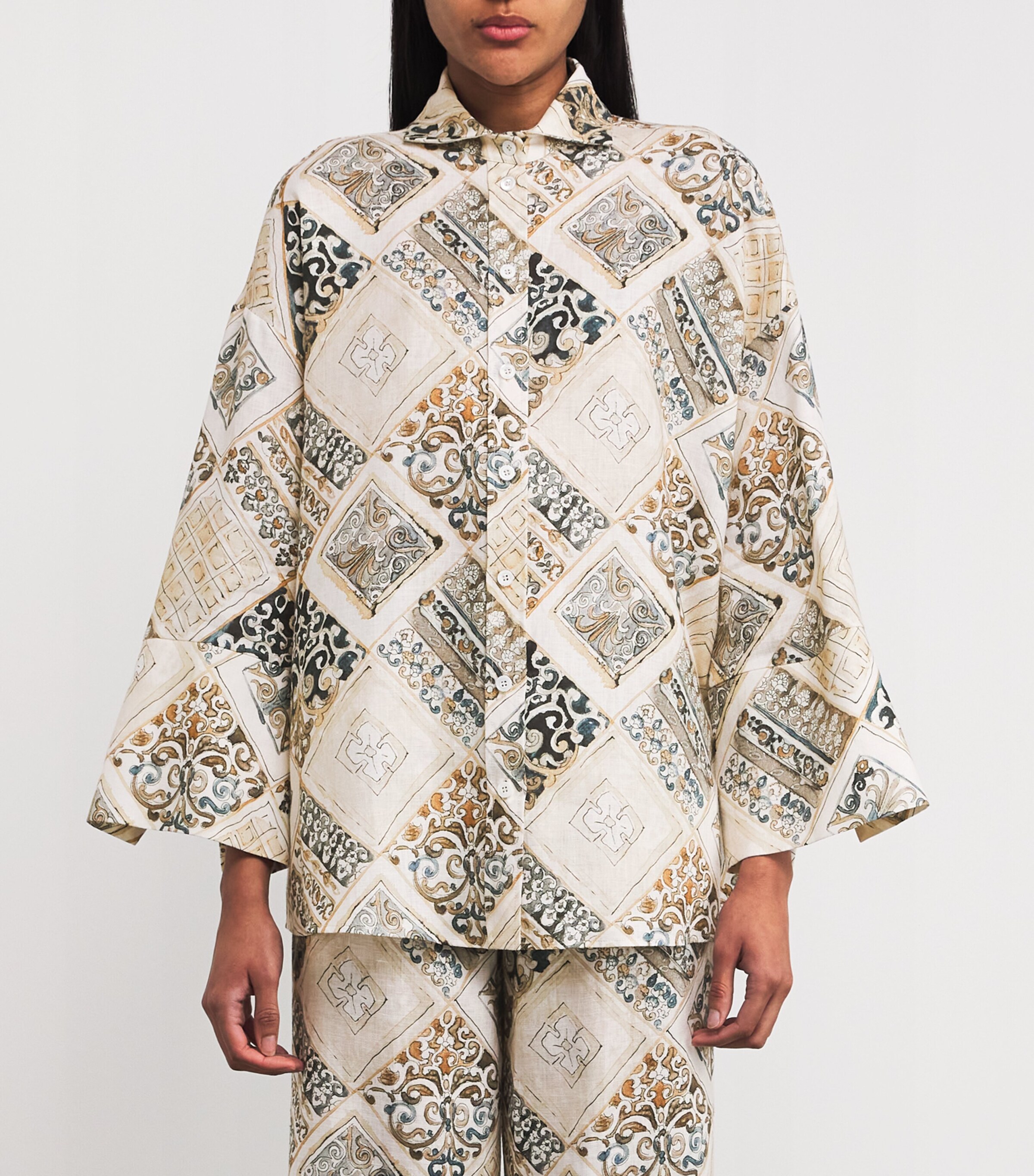 Eleventy Womens Linen Printed Kimono Shirt Sabbia Image 3