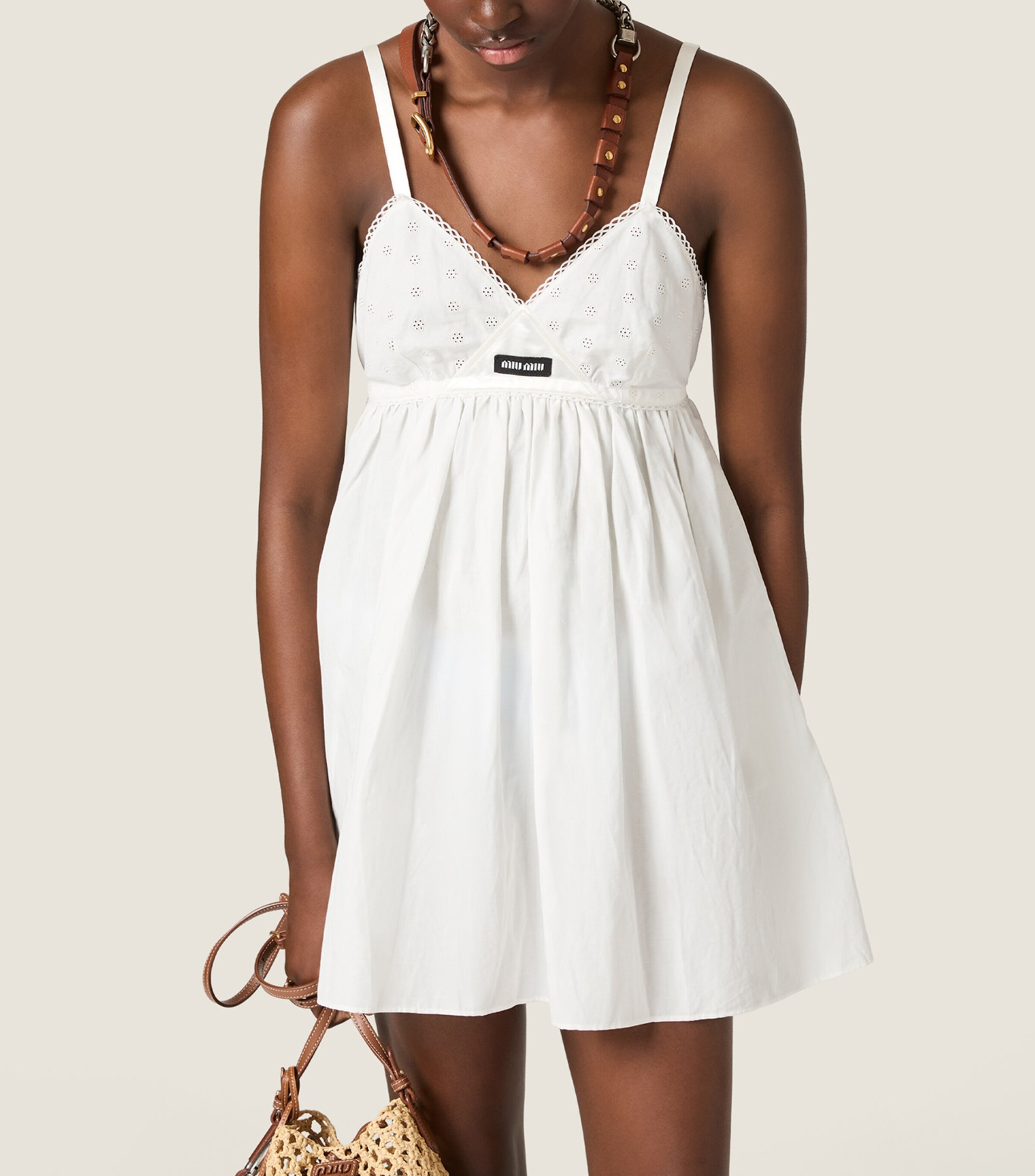 Miu Miu Womens Eyelet-Embroidered Mini Dress White Image 4