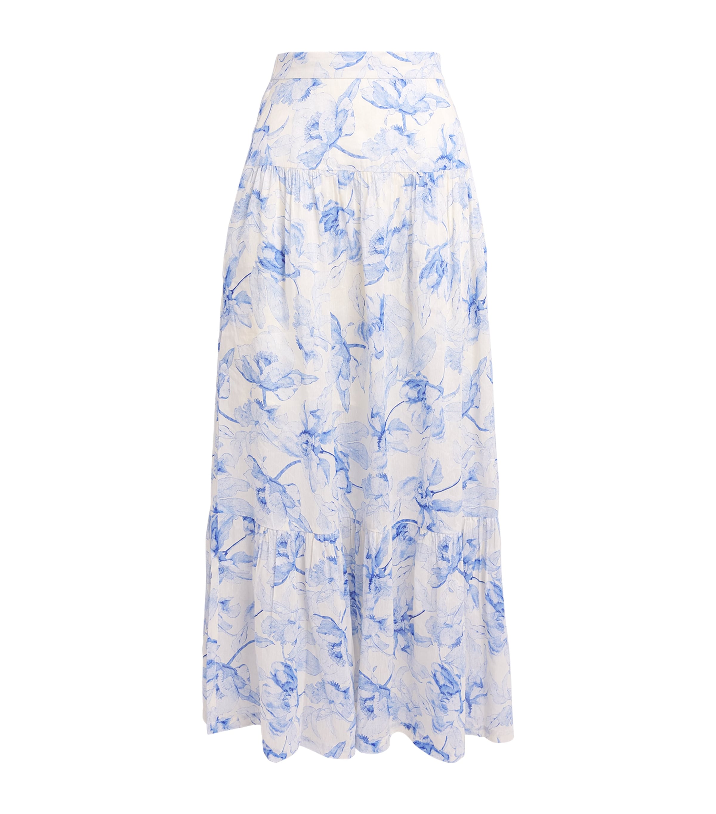 Maje Linen-blend Watercolour Maxi Skirt In Bleus