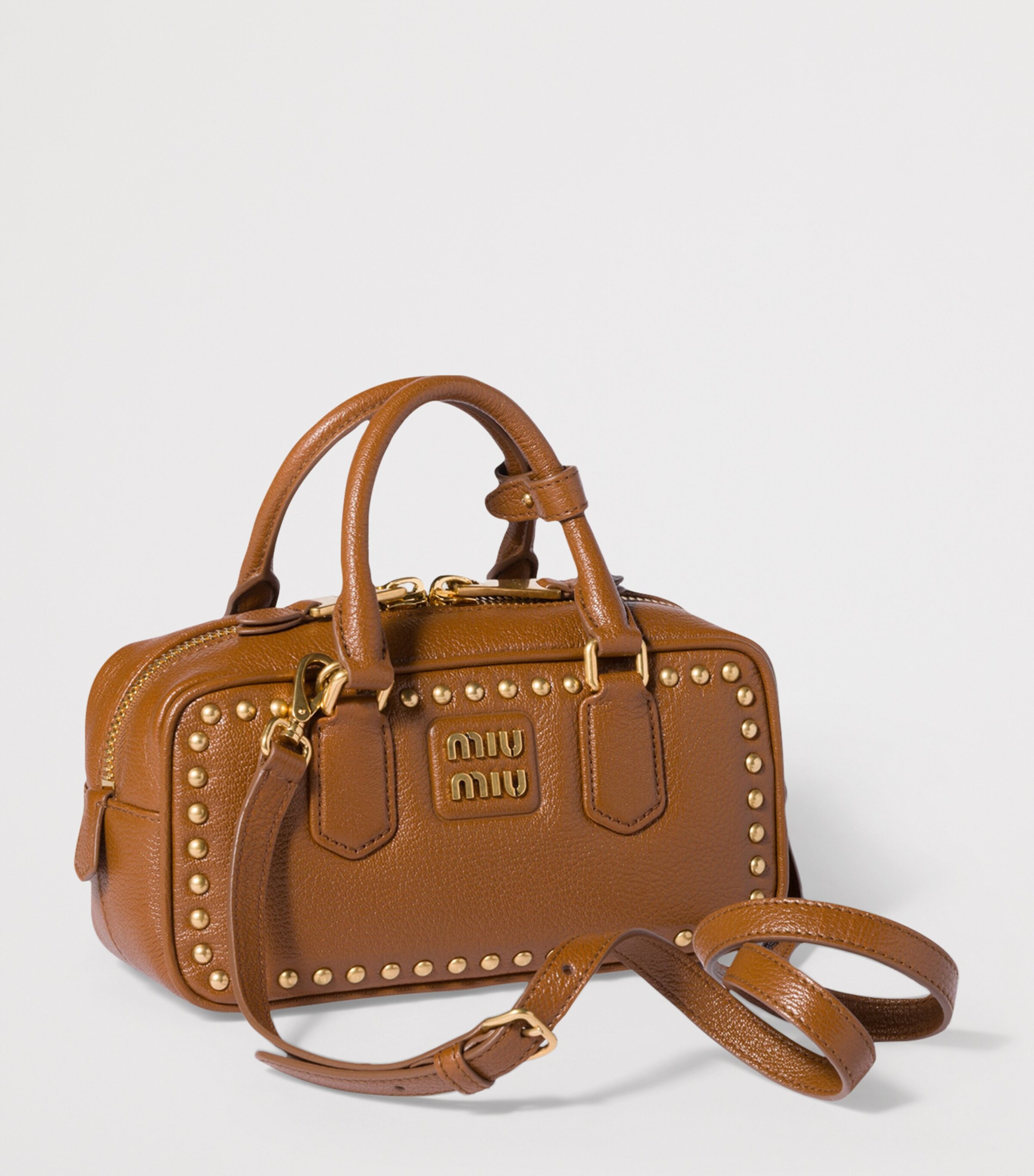 Miu Miu Leather Studded Arcadie Top-Handle Bag Brown Image 3