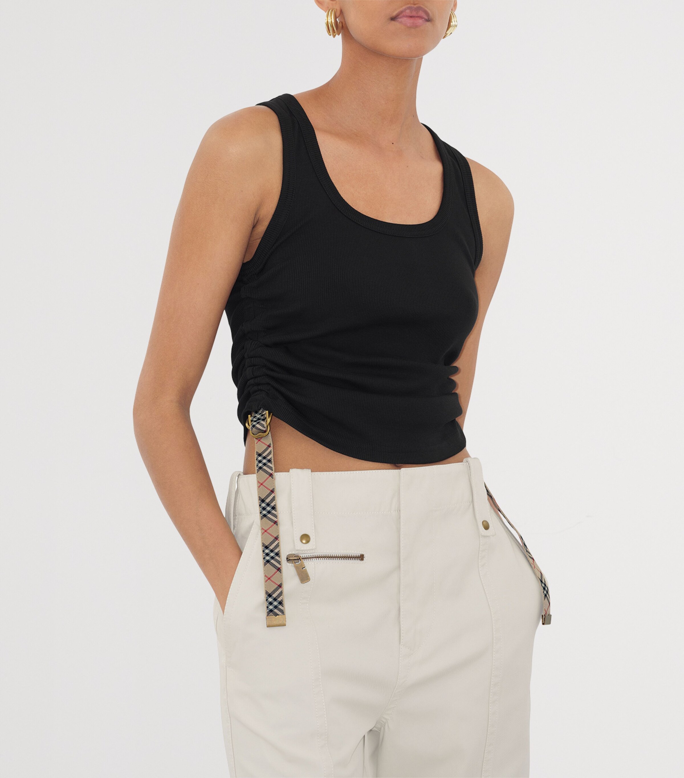 Cotton-Blend Gathered Tank Top BLACK Image 5