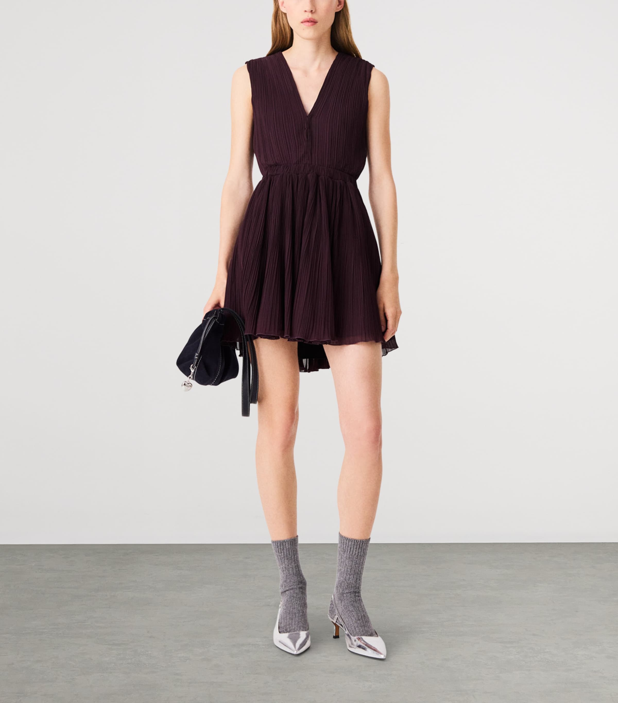 Maje Womens Plissé Cut-Out Mini Dress Eggplant Image 2