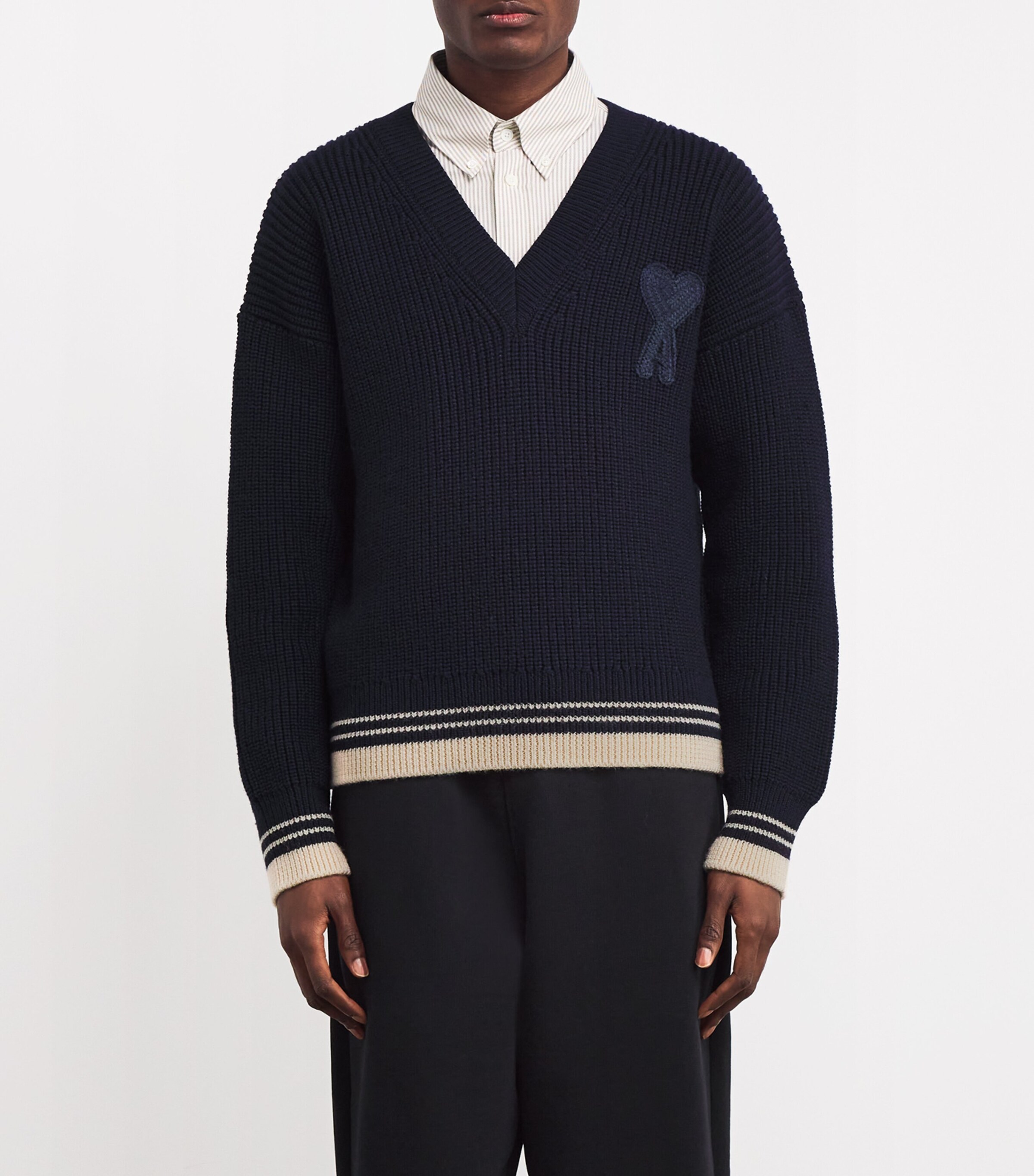 AMI Paris Navy Wool V-Neck Sweater | Harrods US