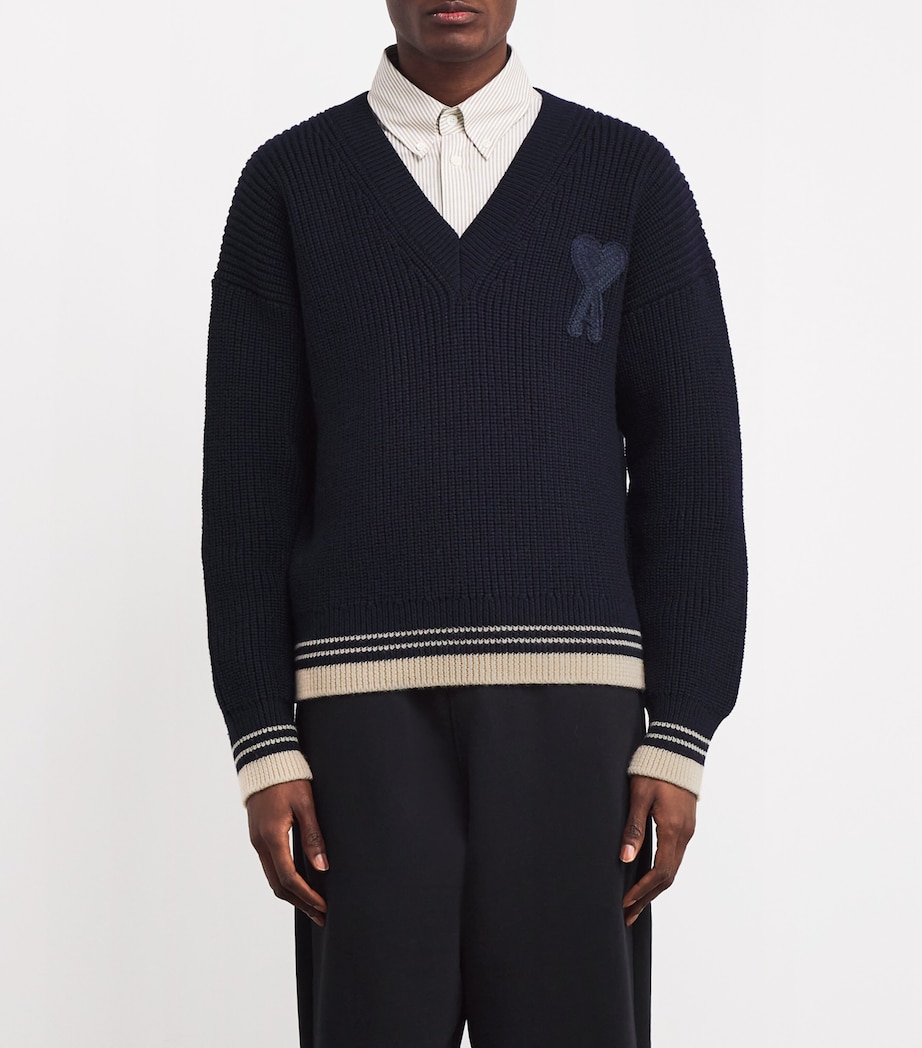 AMI Paris Mens Wool V-Neck Sweater Bleu Image 3