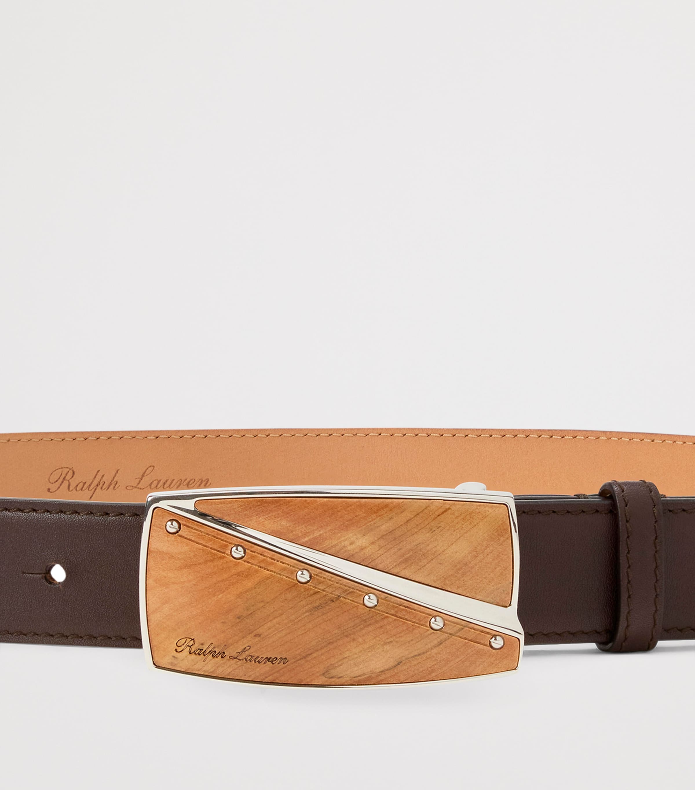 Ralph Lauren Collection Calfskin-Wood Abstract-Buckle Belt Mocha Image 2