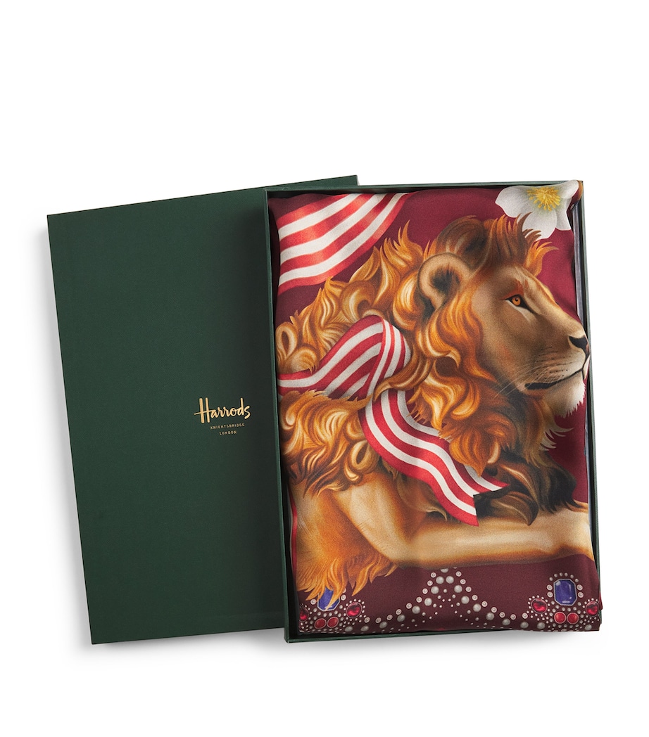 Harrods Silk Lion Regalia Print Square Scarf Burgundy Image 1