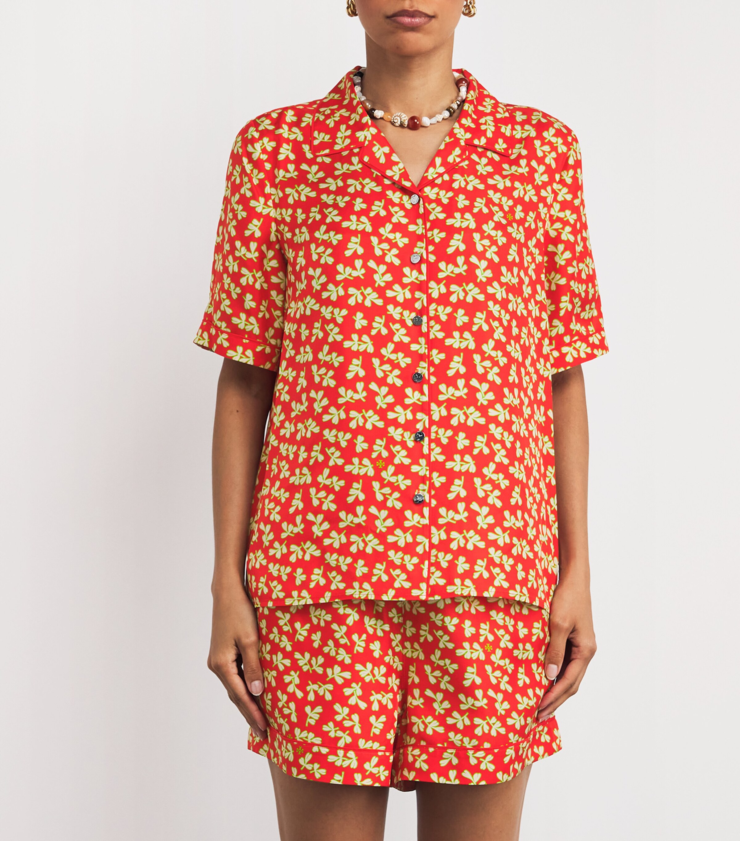 Silk Leaf Print Short-Sleeve Shirt RED LITTLE LEAVES Image 3