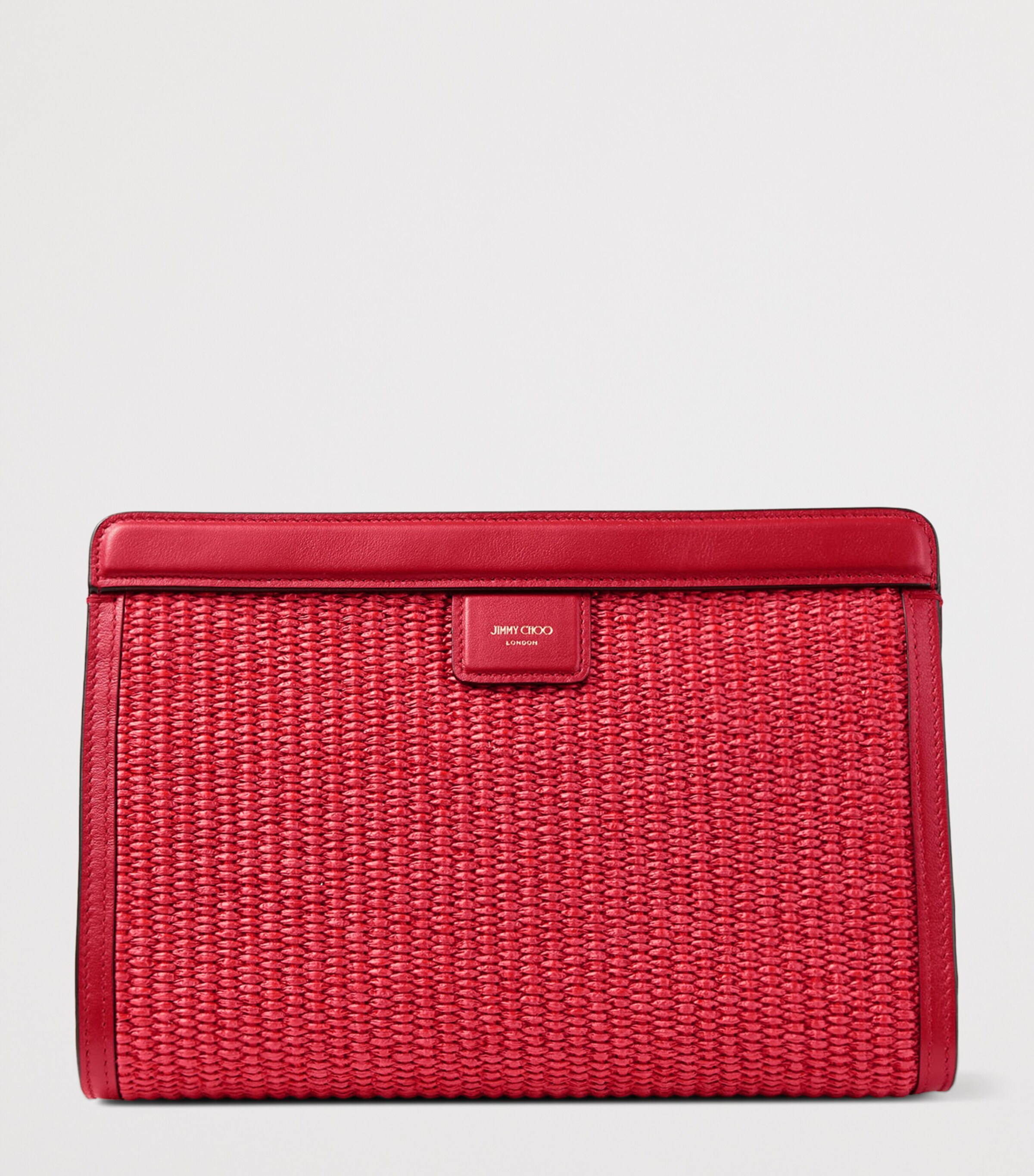 Jimmy Choo Raffia Leather-Trim Avenue Pouch Ruby Red/light Gold Image 3