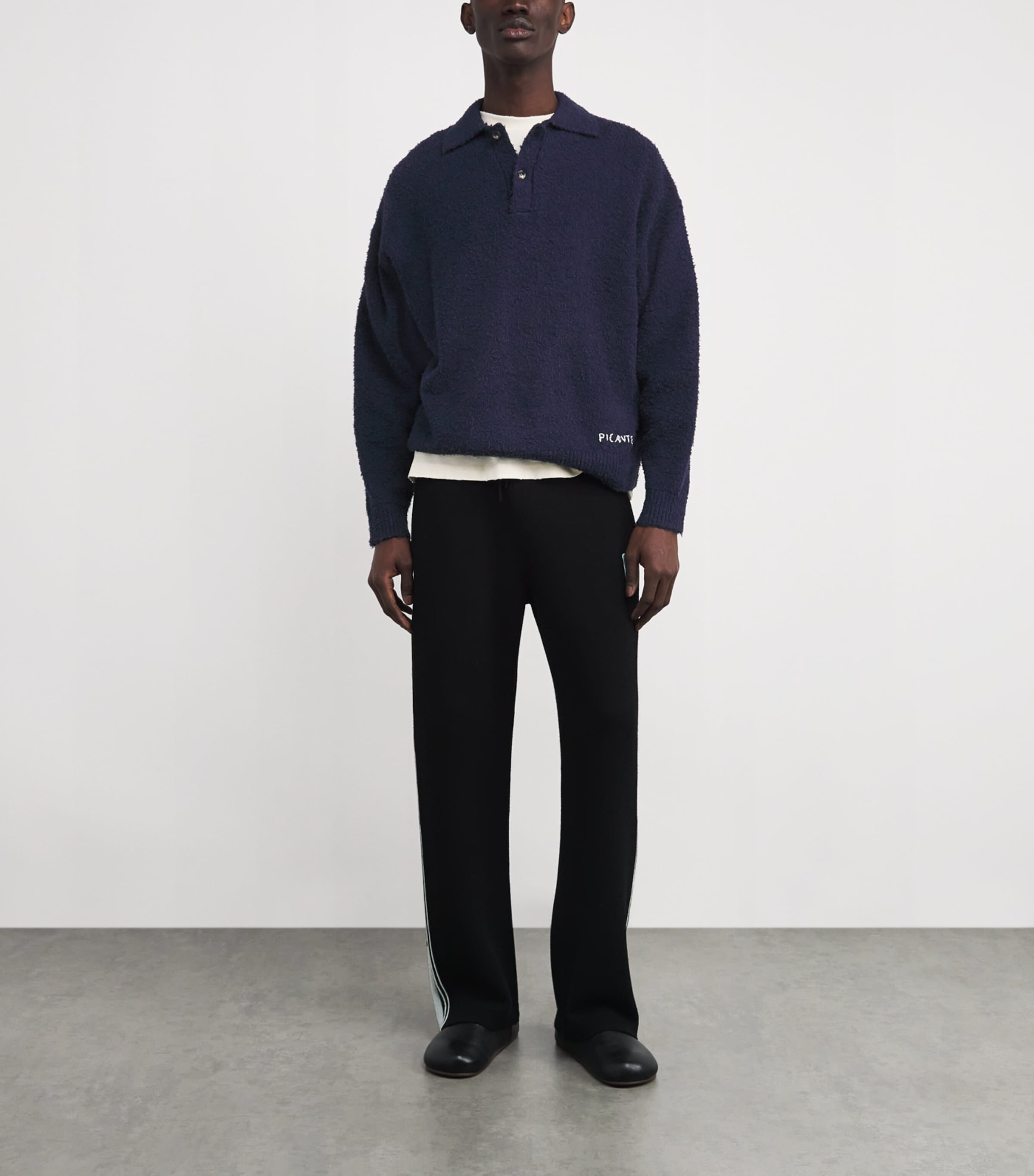 Cotton-Blend Shaggy Yarn Polo Sweater NAVY Image 2