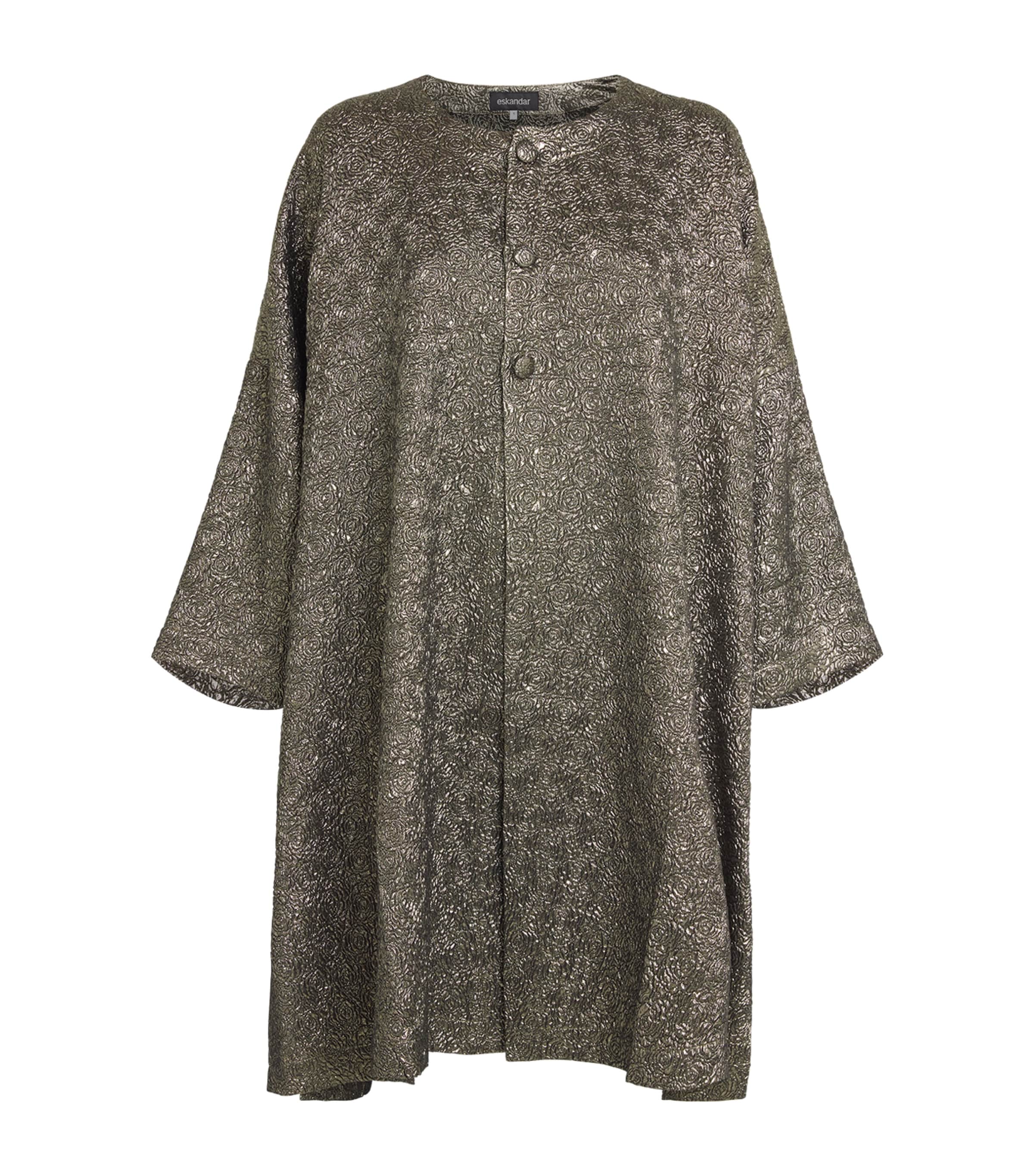 Eskandar Metallic Floral Round-neck Coat In Gold
