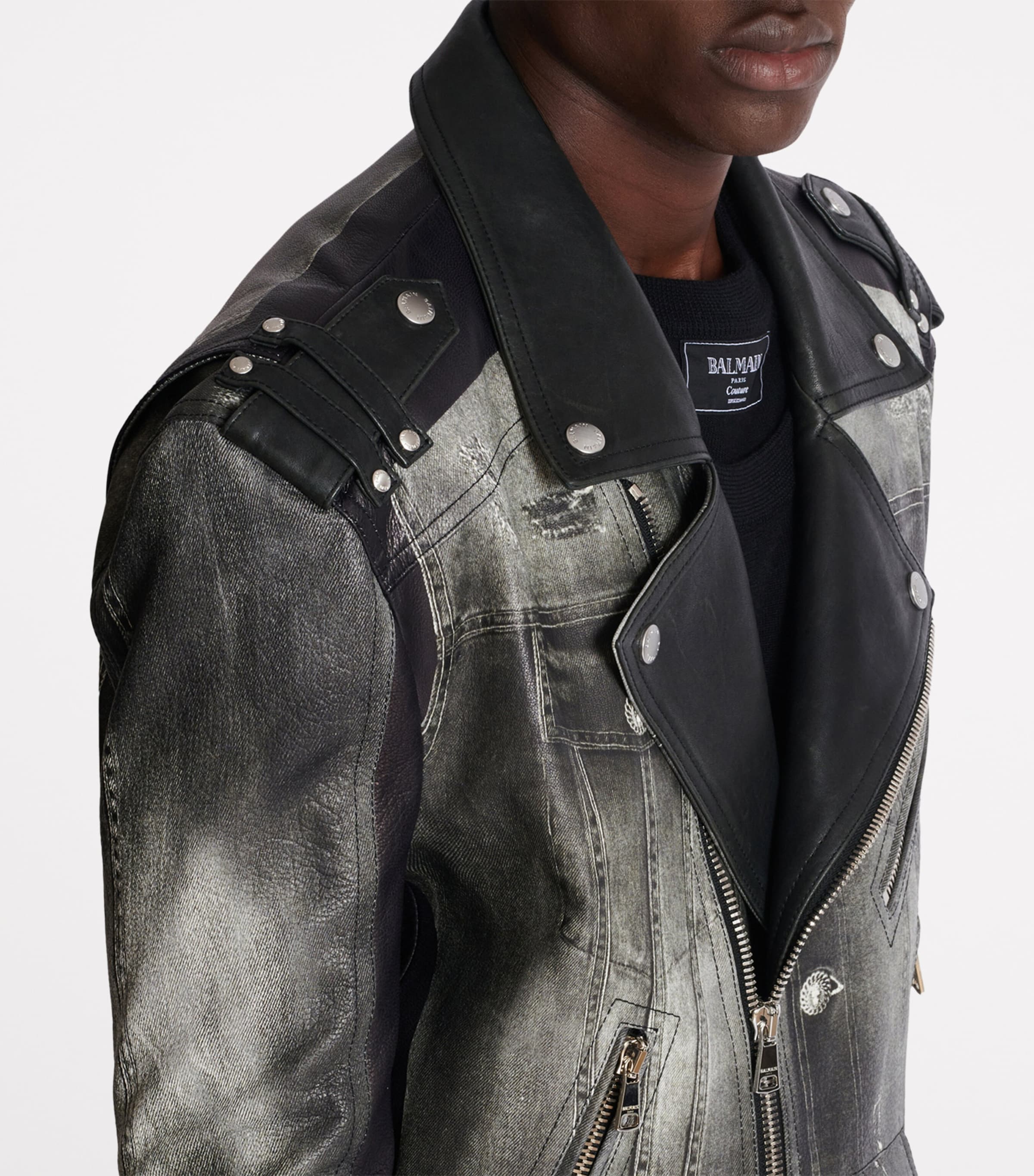 Balmain Mens Leather Denim Print Biker Jacker Yie Gris Denim/ Noir Image 2