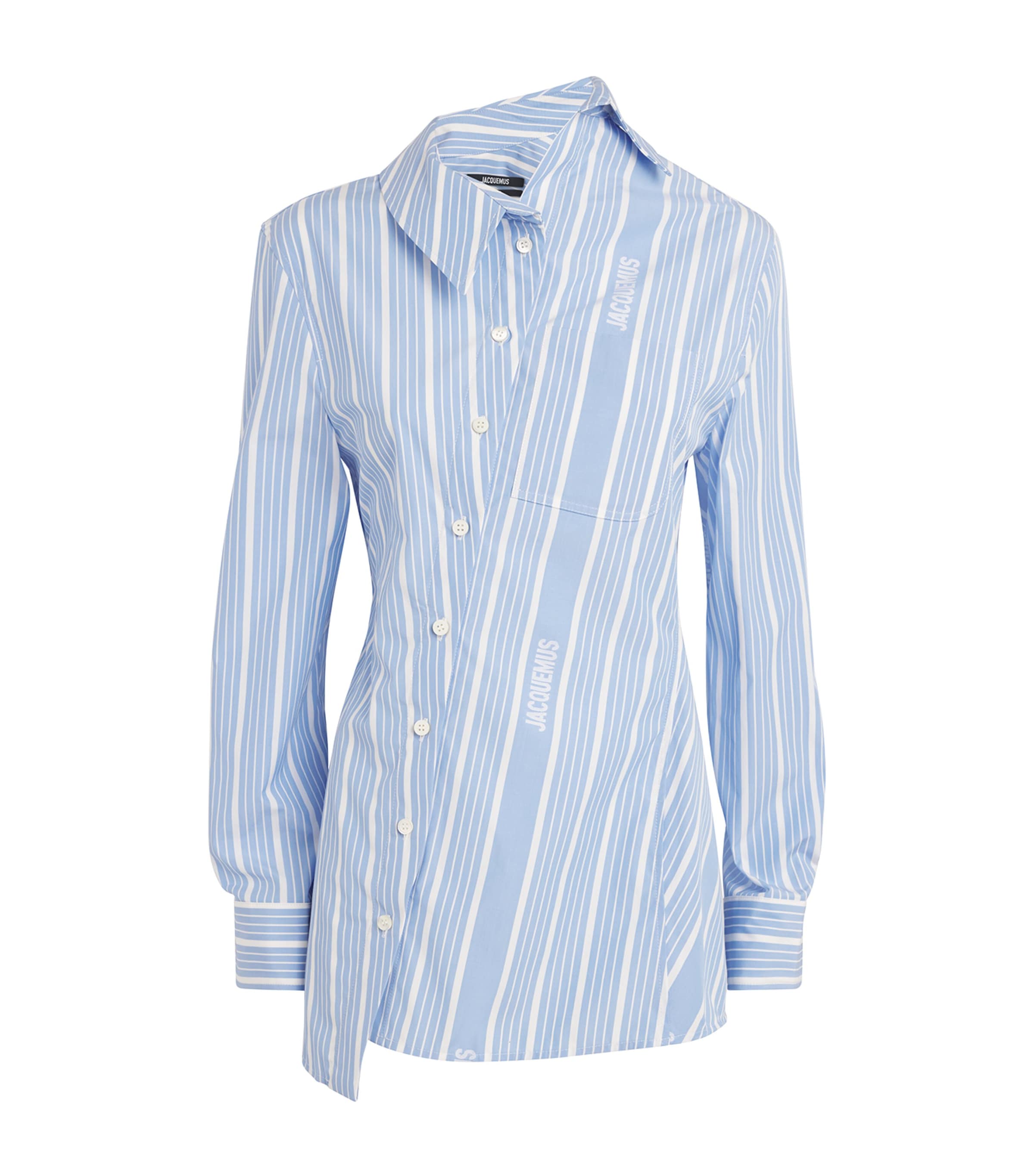 Shop Jacquemus Asymmetric Striped Logo Shirt In Blue