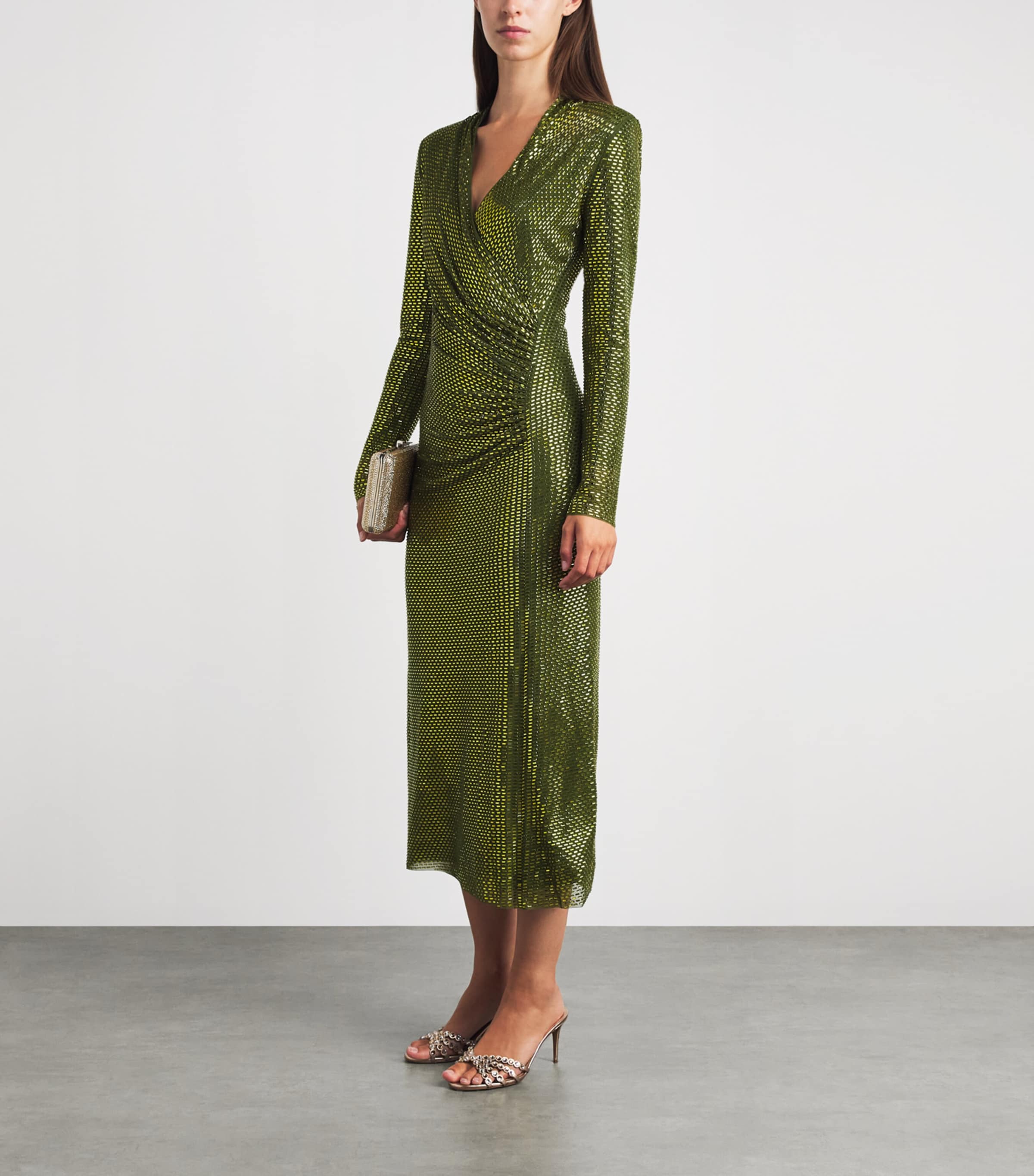 Self-Portrait Womens Rhinestone-Detail Midi Dress Green Image 2