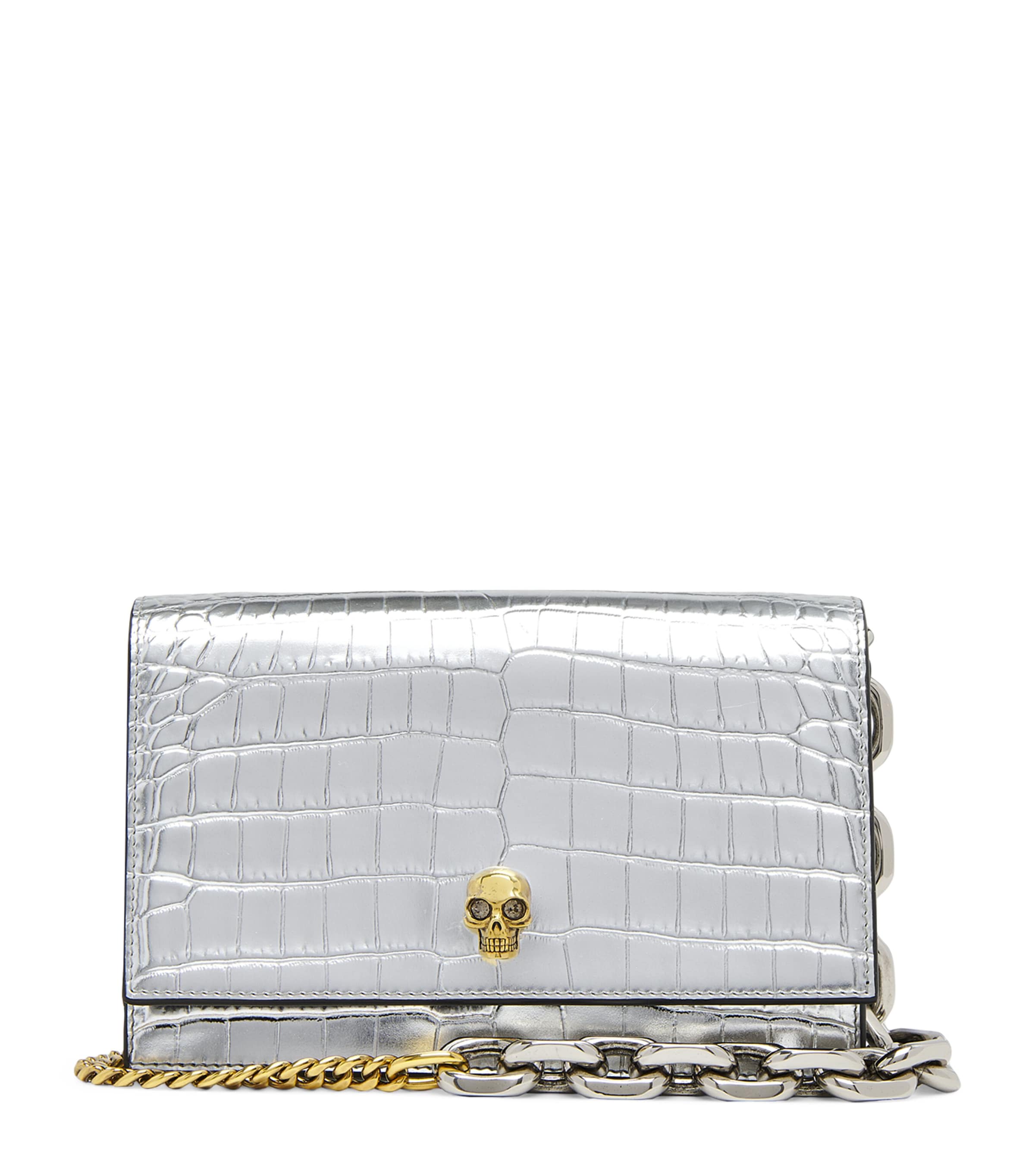 Alexander Mcqueen Skull Metallic Croc-embossed Leather Shoulder Bag In Silver