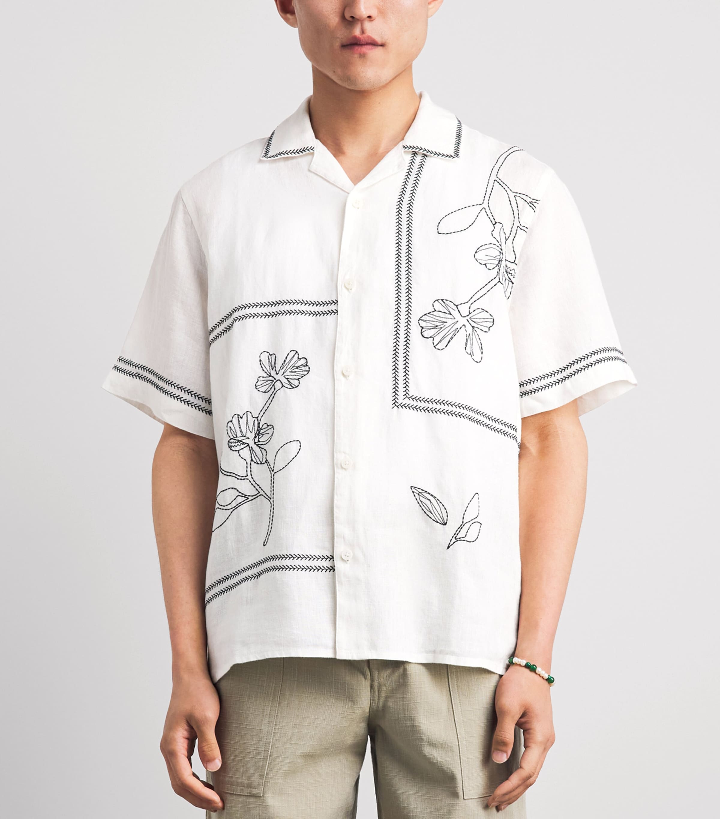 Wax London Mens Linen Embroidered Didcot Shirt Ecru / Navy Image 4