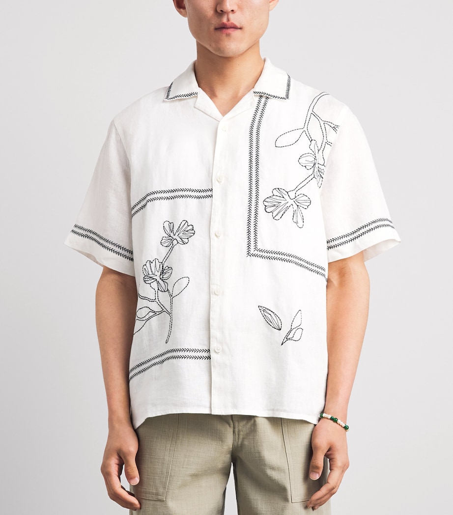 Wax London Mens Linen Embroidered Didcot Shirt Ecru / Navy Image 4