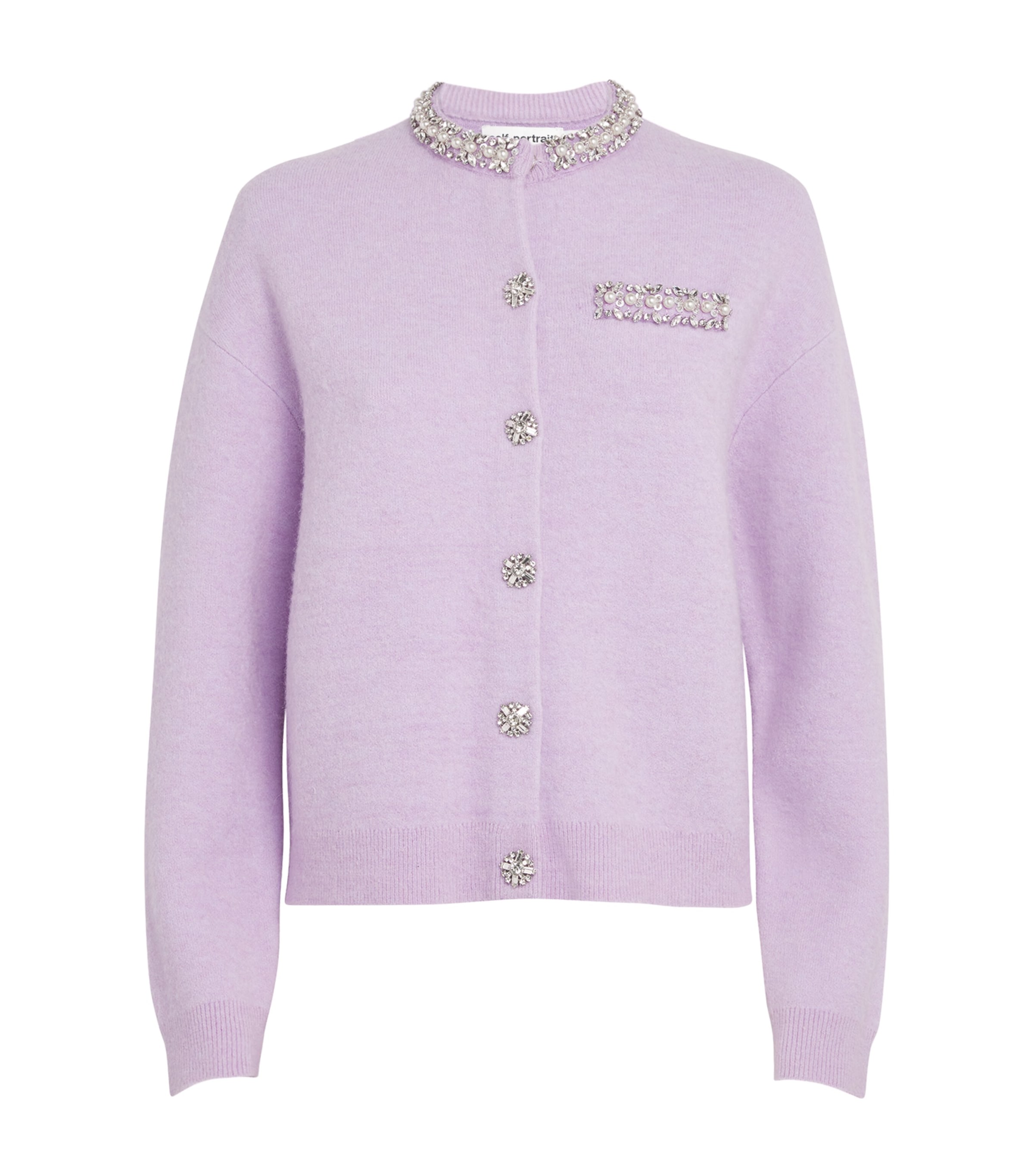 Self-portrait Lilac Crystal Trim Knit Cardigan In Purple