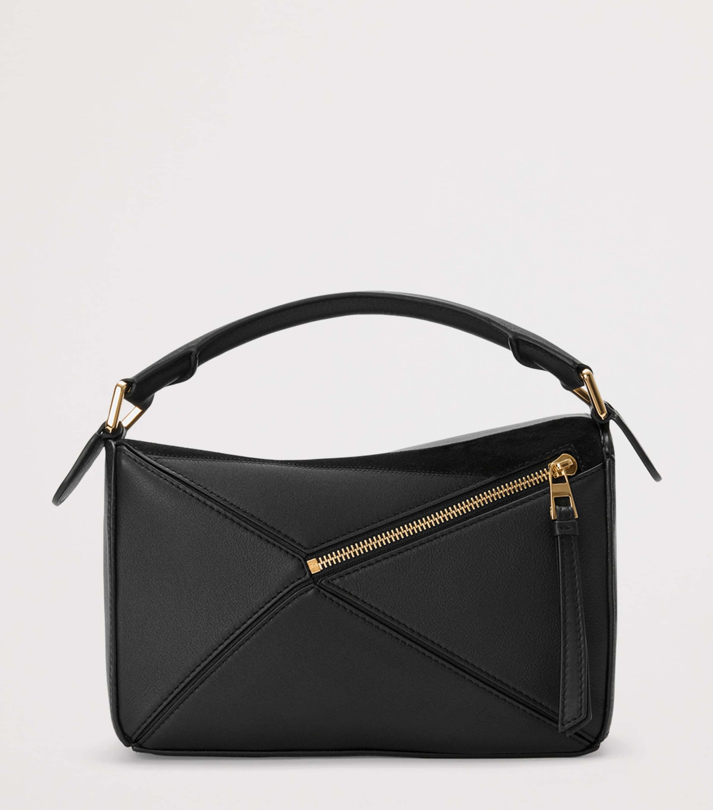 Small Leather Stripe Puzzle Edge Top-Handle Bag BLACK Image 4
