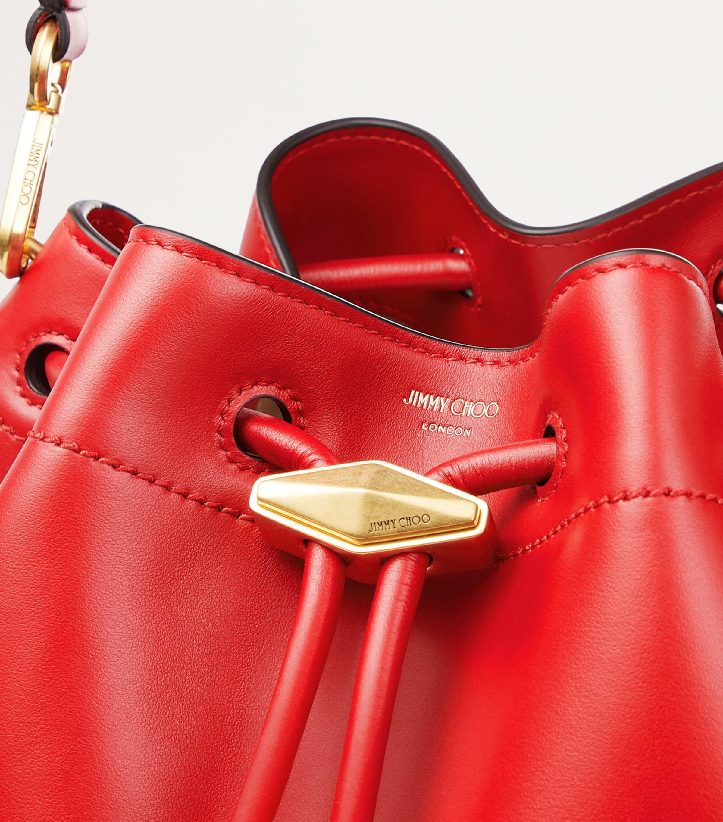 Medium Leather Cinch Bucket Bag RUBY RED/GOLD Image 3