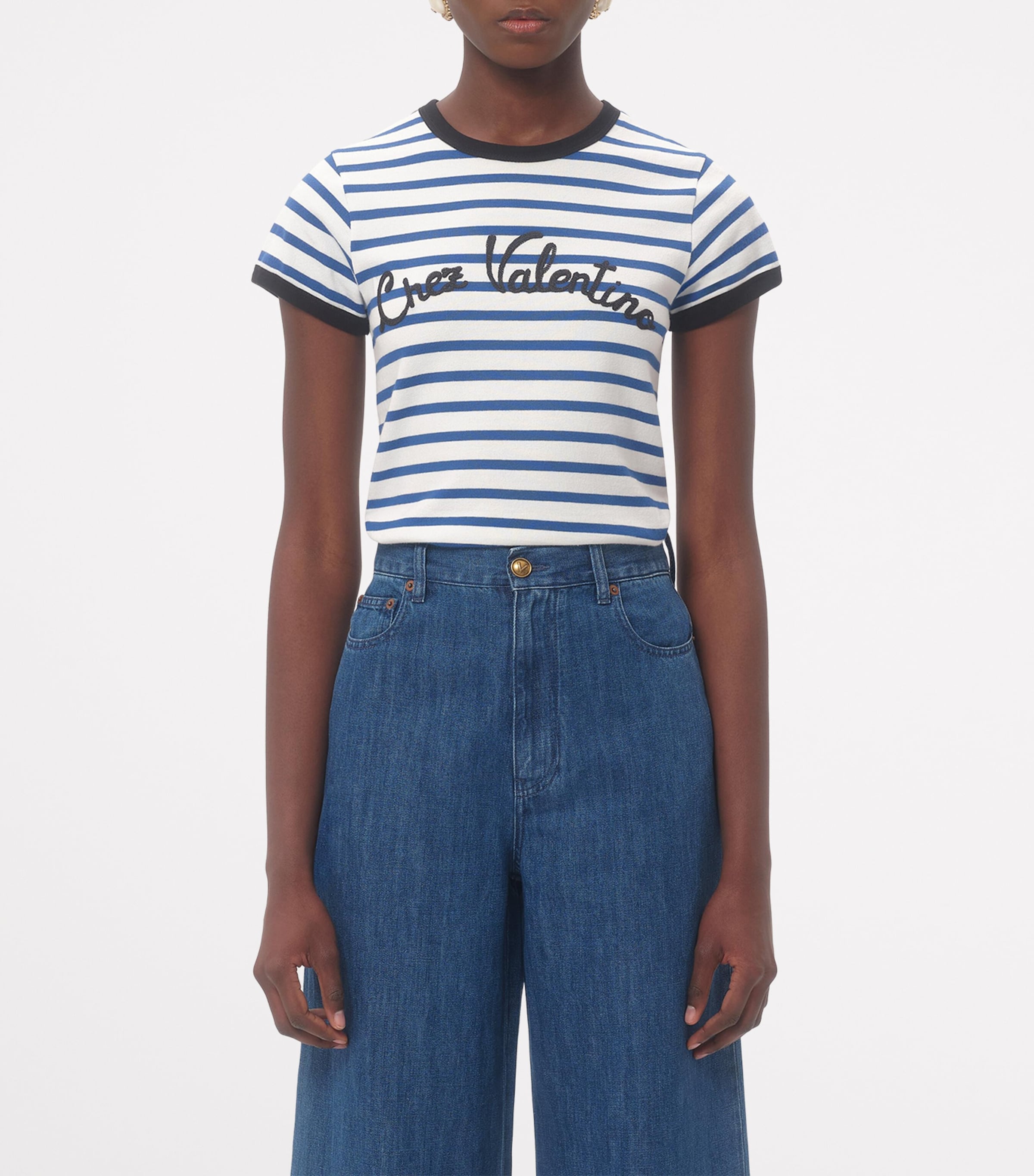 Tシャツ・カットソー VALENTINO FW25 STRIPED COTTON SHIRT (7V3ABS77B2Q 129) Valentino Cotton Stripe Chez Valentino T-Shirt | Harrods US