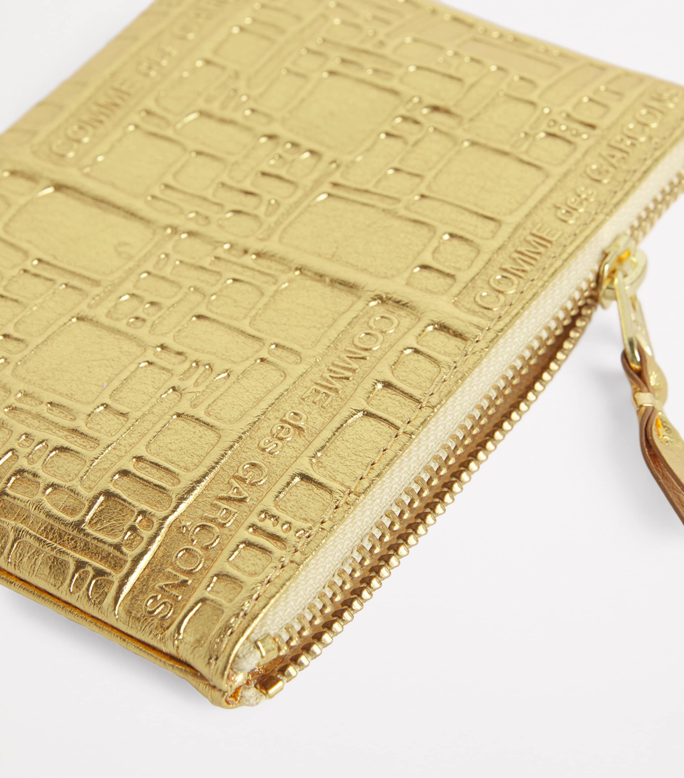Comme Des Garçons Wallet Leather Embossed Logo Zipped Pouch Gold Image 4