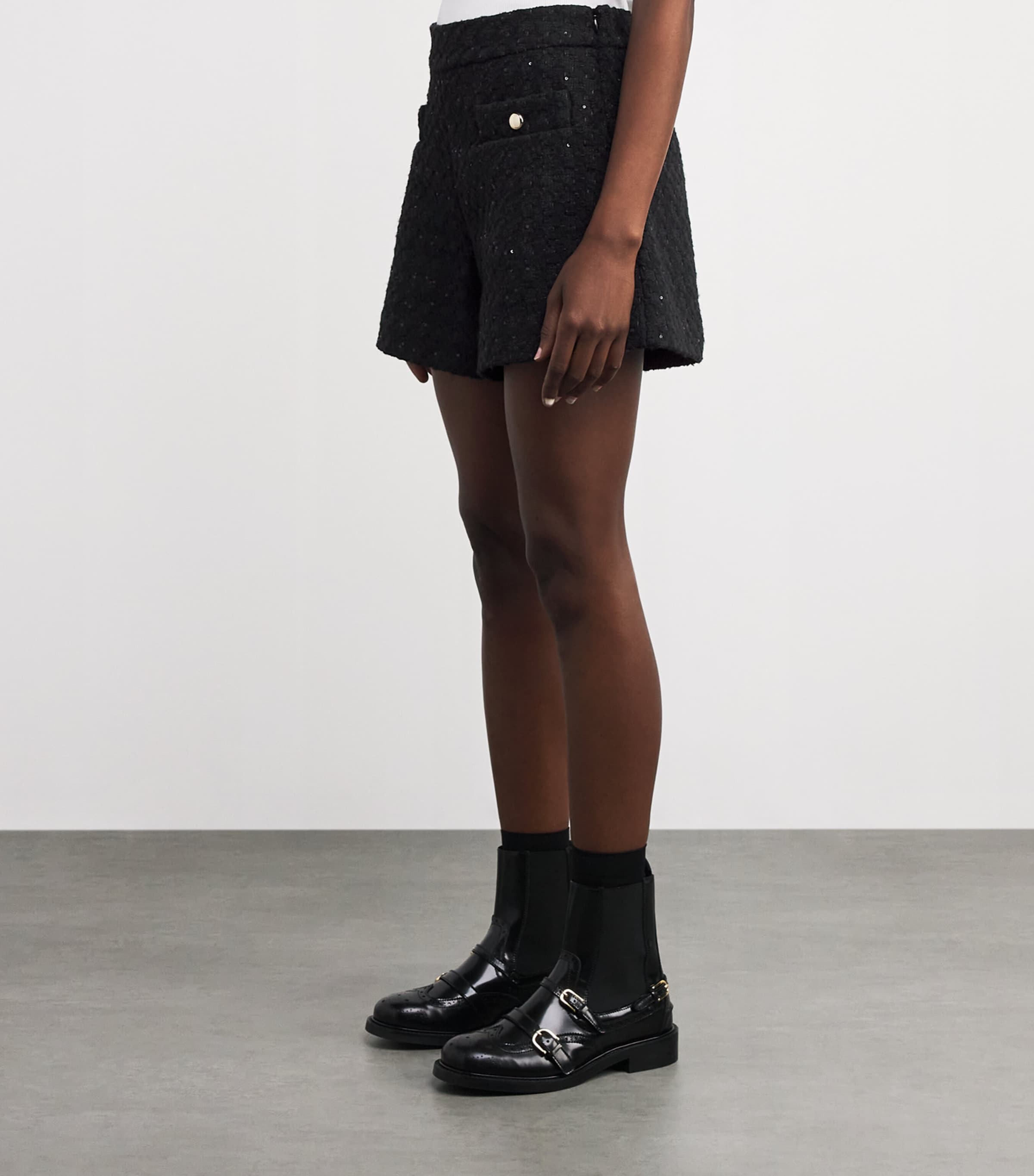 Sequinned-Embellished Tweed Shorts BLACK Image 3