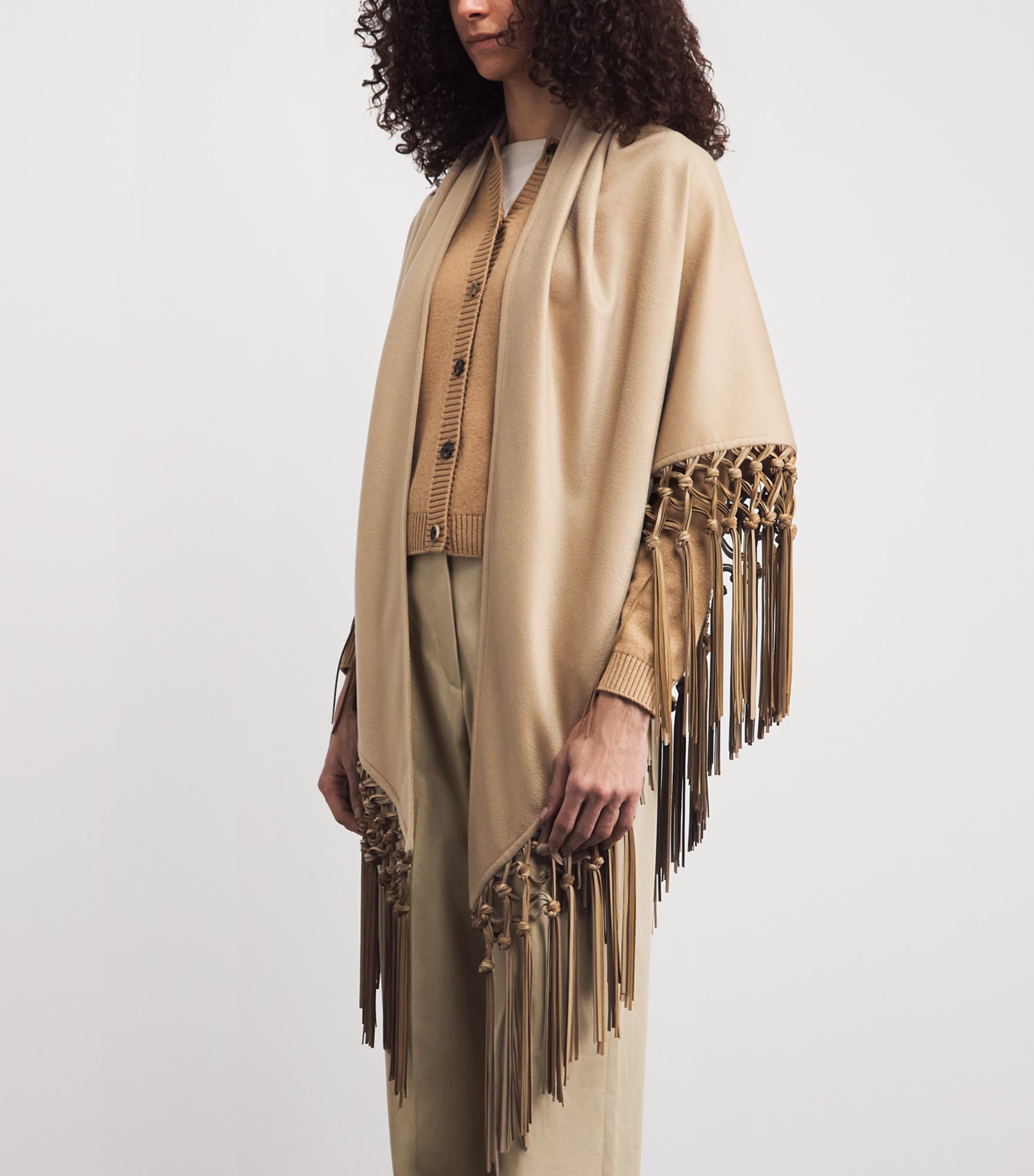 Colombo Womens Cashmere and Leather Fringe-Trim Cape Image 4