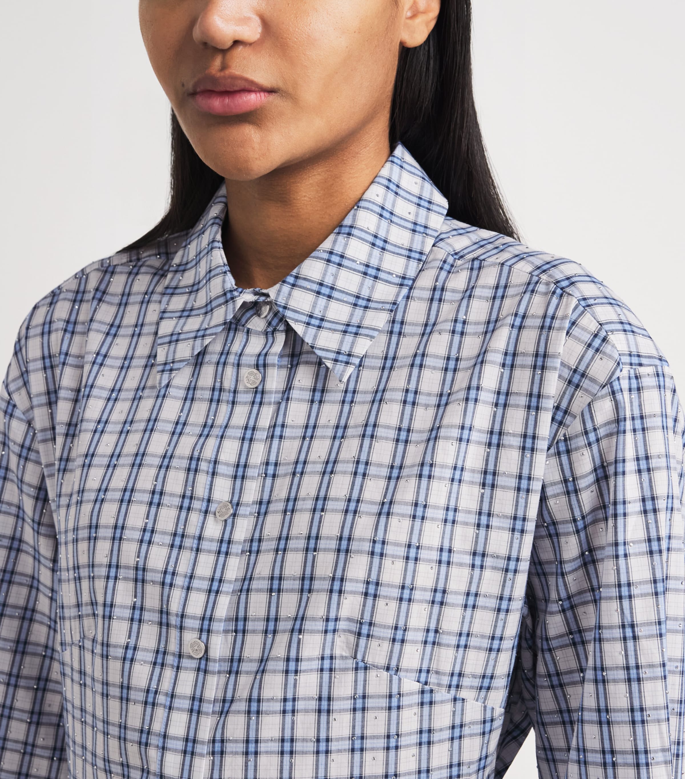 Maje Womens Cotton Check Rhinestone Mini Shirt Dress Blue Check Print Image 3