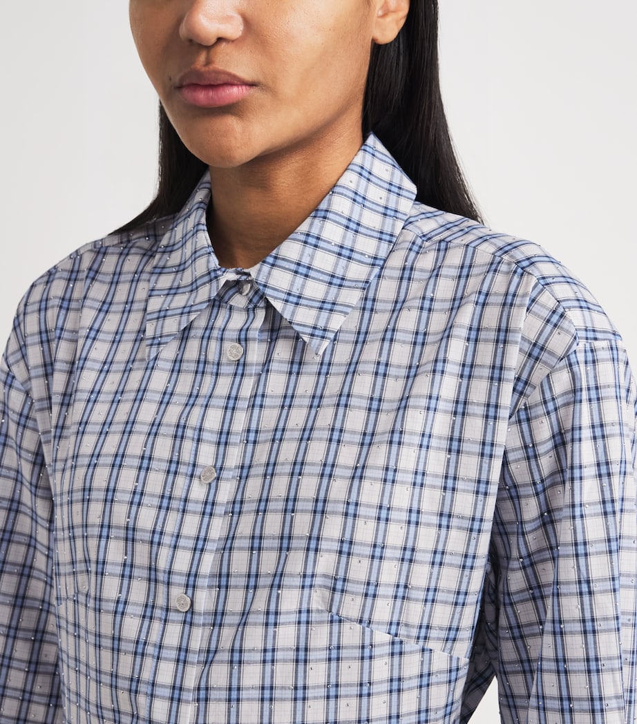 Maje Womens Cotton Check Rhinestone Mini Shirt Dress Blue Check Print Image 3