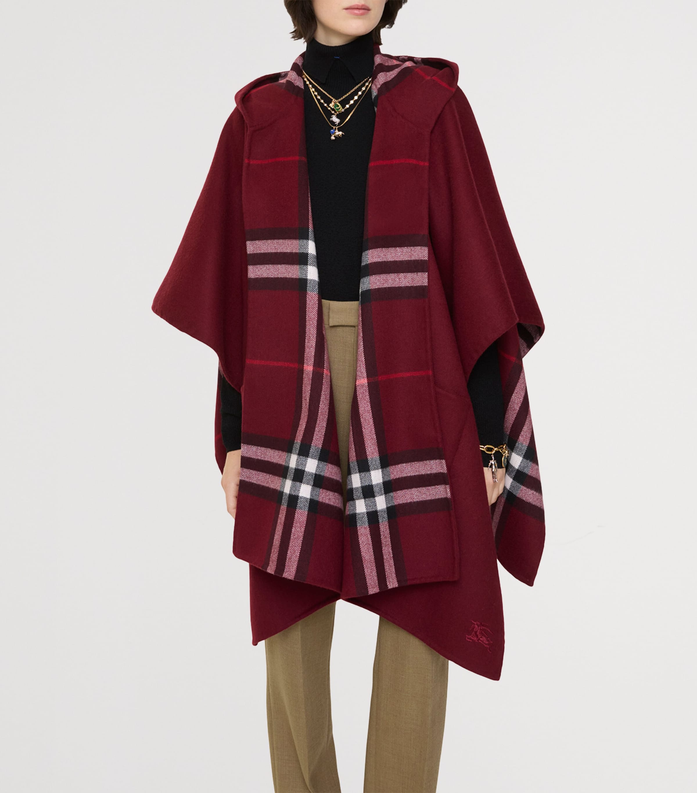 Cashmere Reversible Check Hooded Cape OXBLOOD RED Image 2