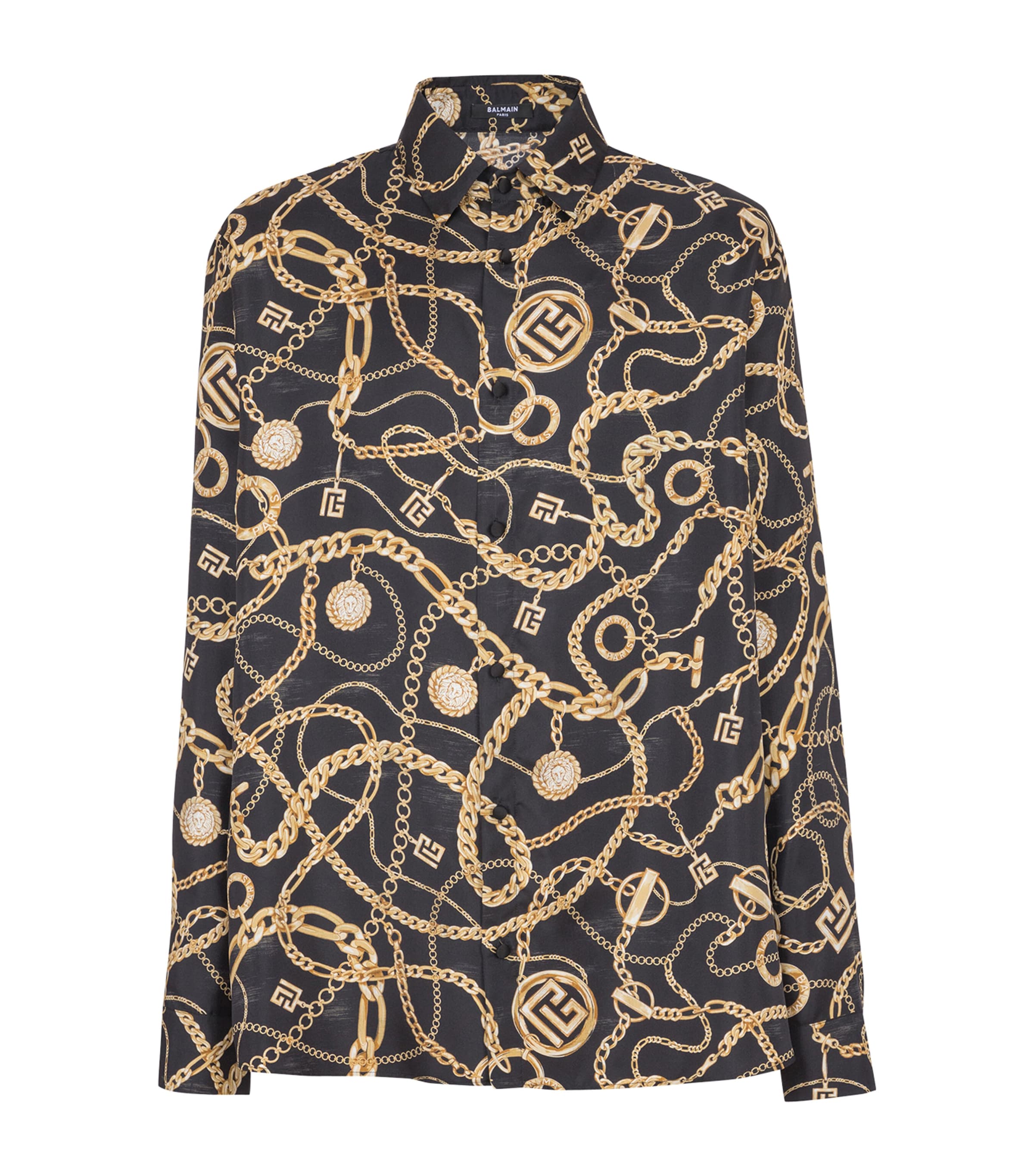 Balmain Black Shirt With Pointed Collar And Chain Print With Logo In Silk Man In Black
