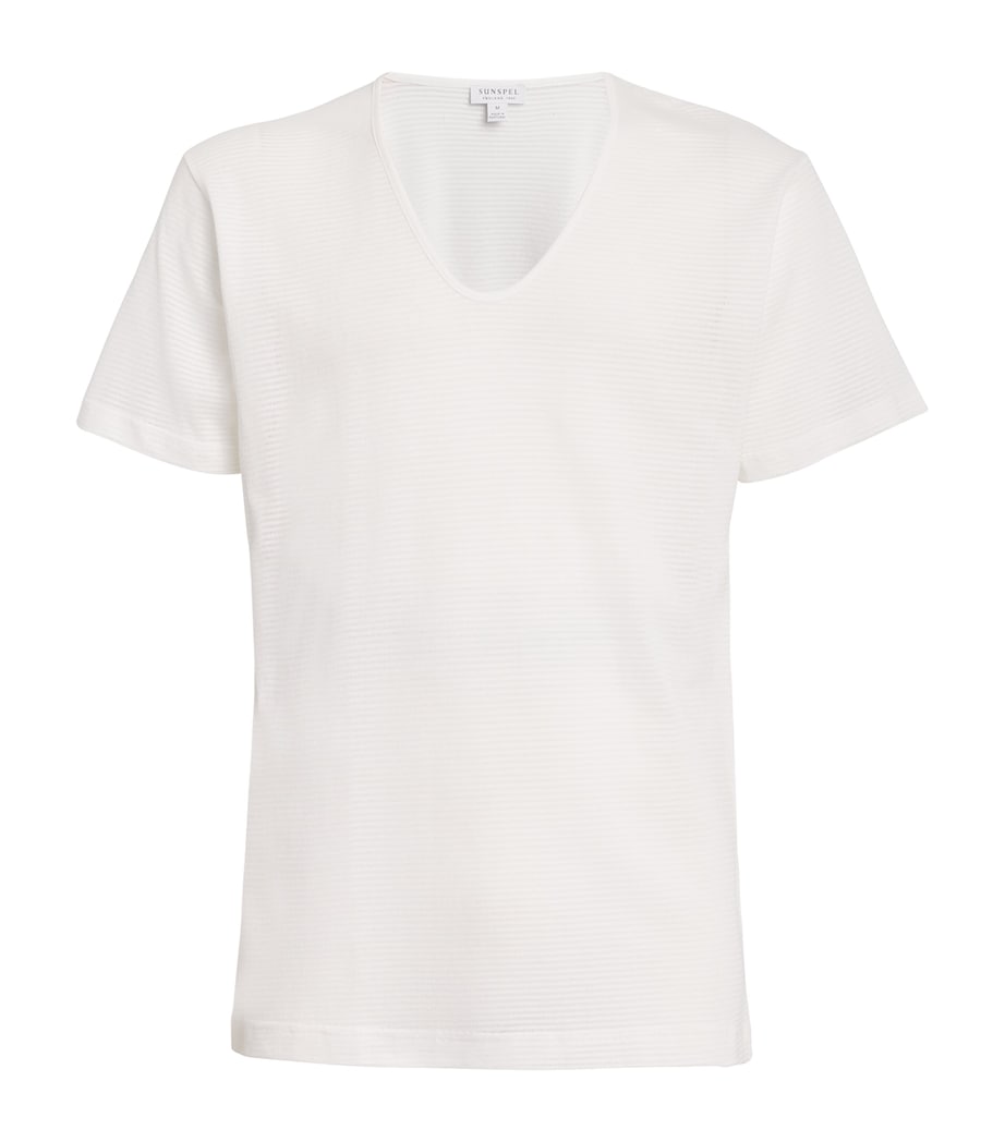 Cotton Mesh Cellular V-Neck T-Shirt WHITE Image 1