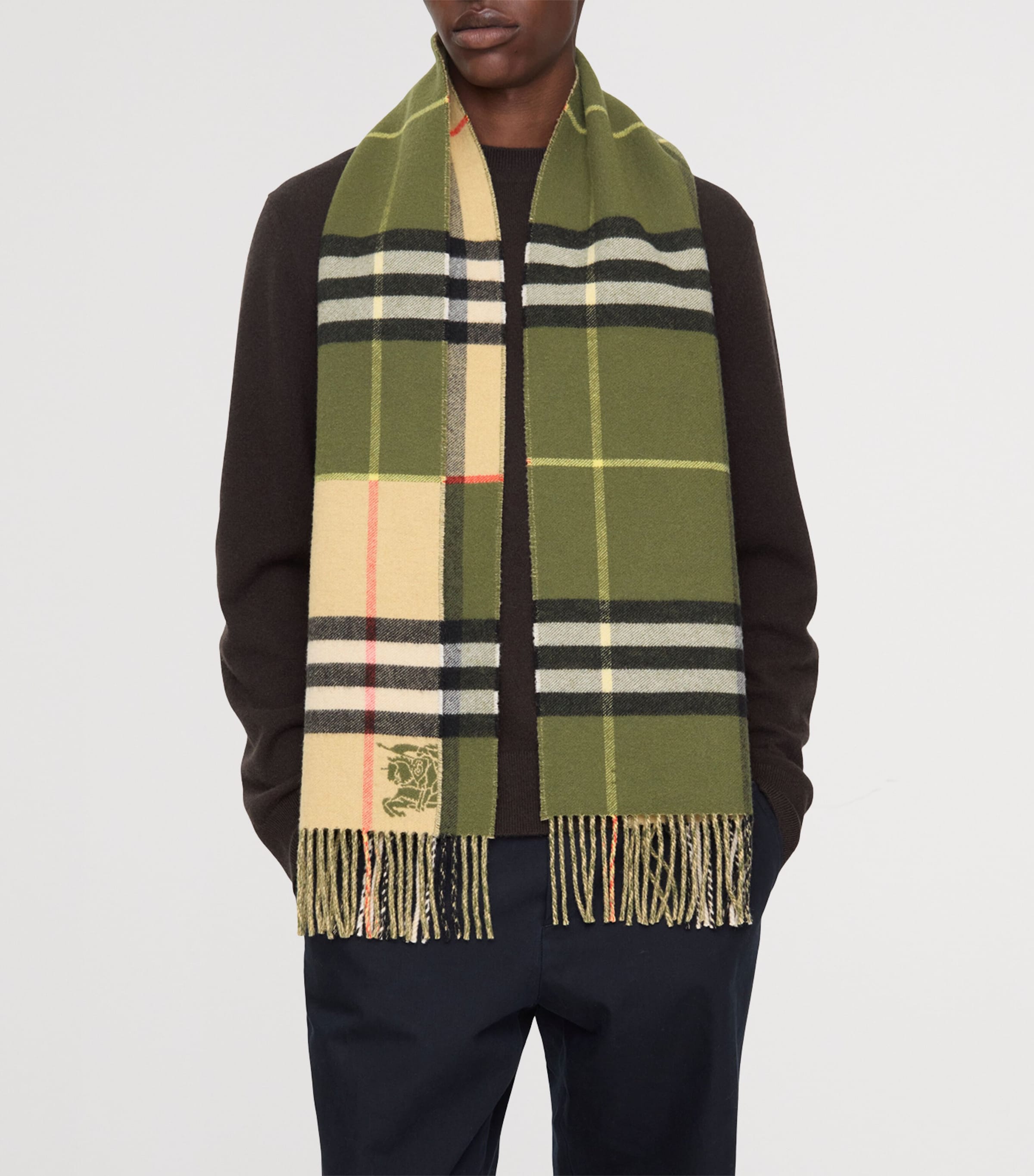 Cashmere Contrast Check Scarf PEA GREEN/SAND Image 4