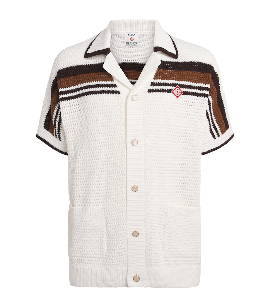 Casablanca Mens Cotton Crochet Tennis Stripe Polo Shirt White / Brown Image 1