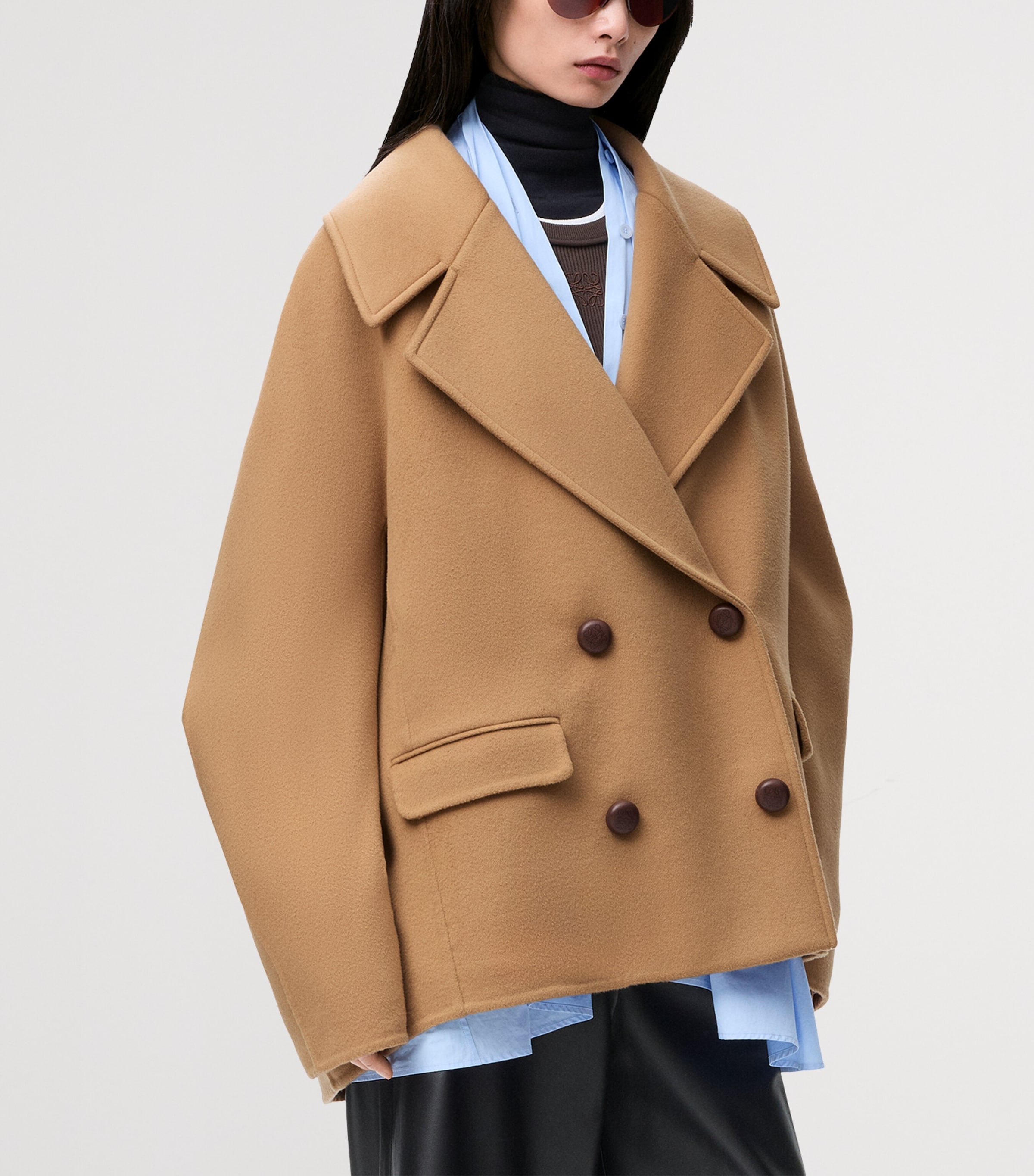 Wool Double-Breasted Short Coat CAMEL Image 3