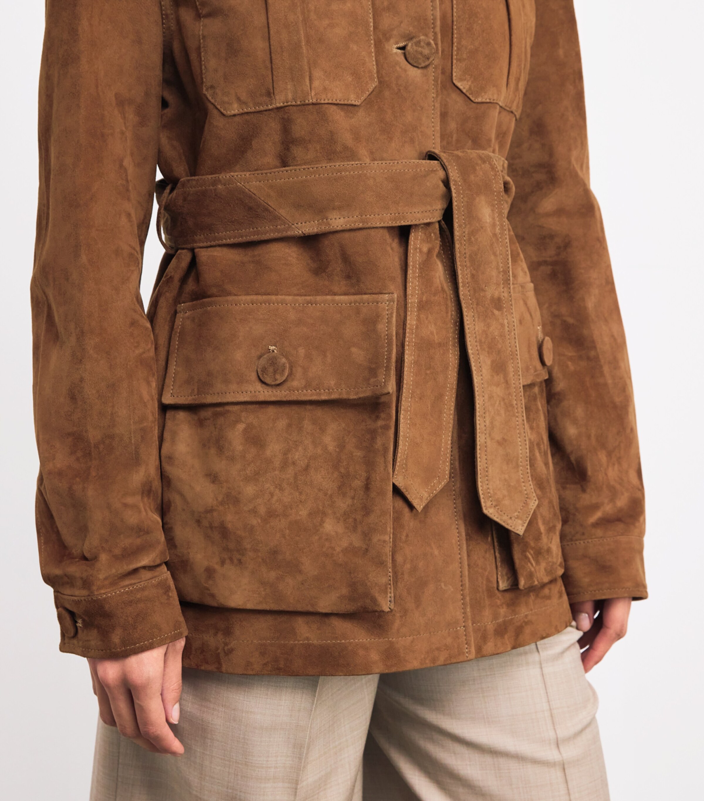 AEXAE Brown Lambskin Suede Belted Jacket | Harrods AE